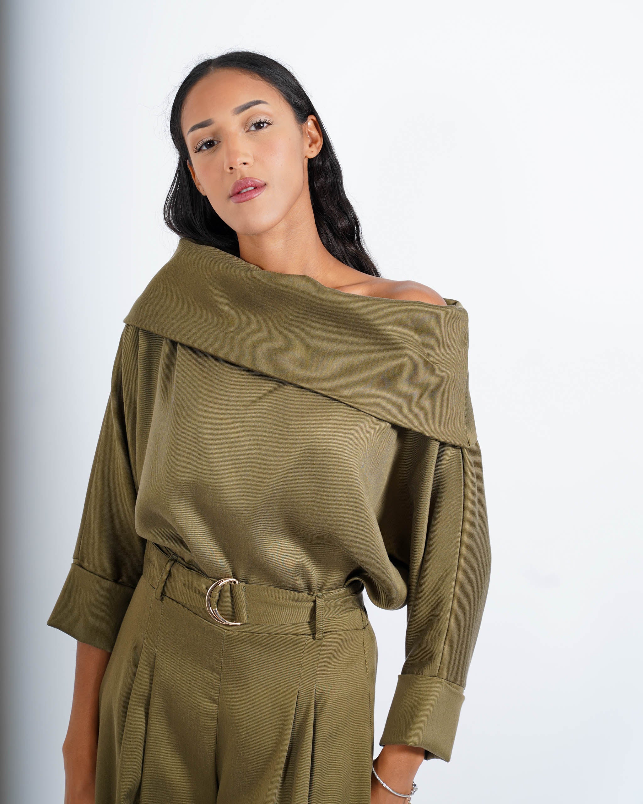 Blusa collo ampio in tessuto diagonale -  Vanitosa