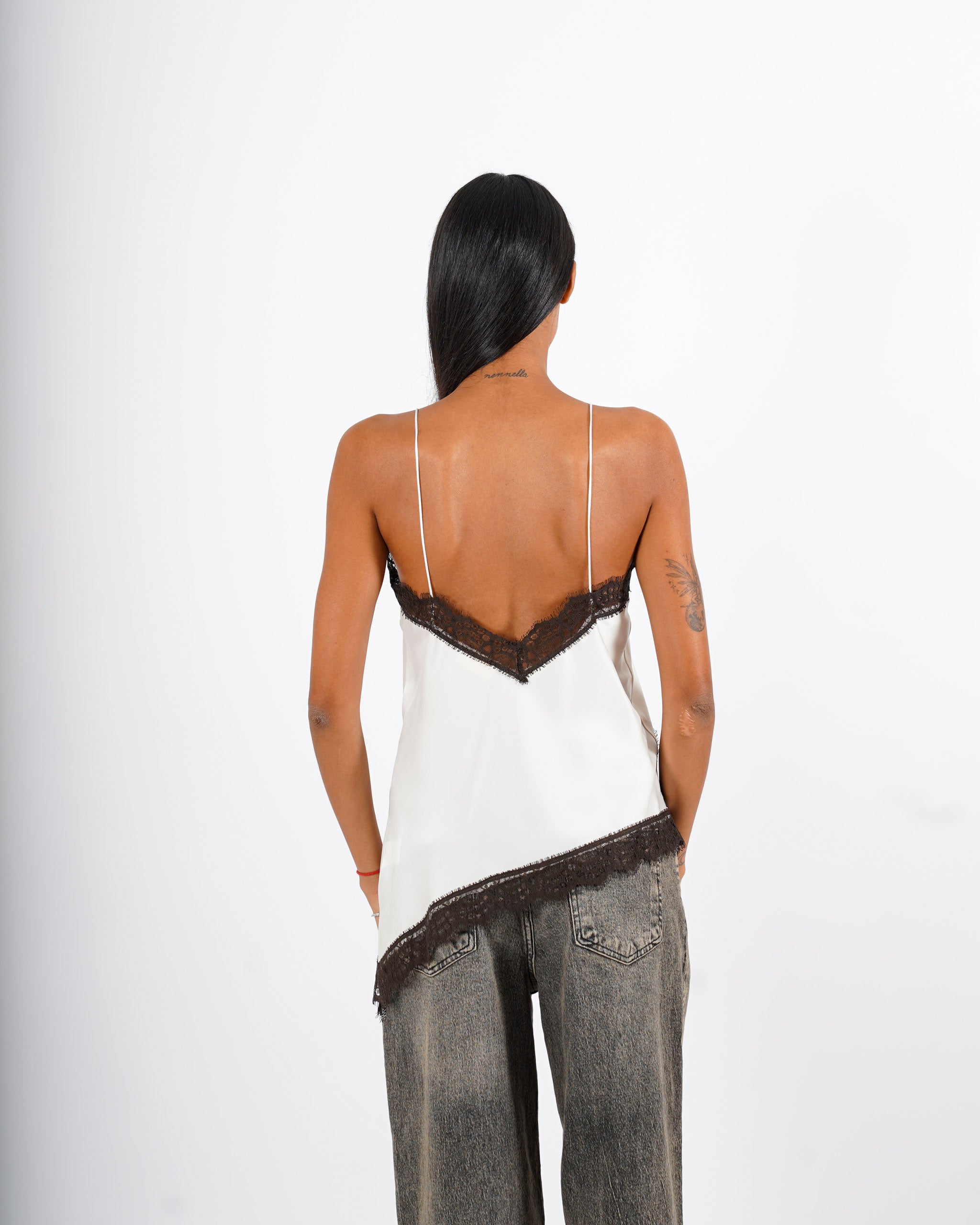 Top lungo con pizzo macramè in mano raso - Lisimba