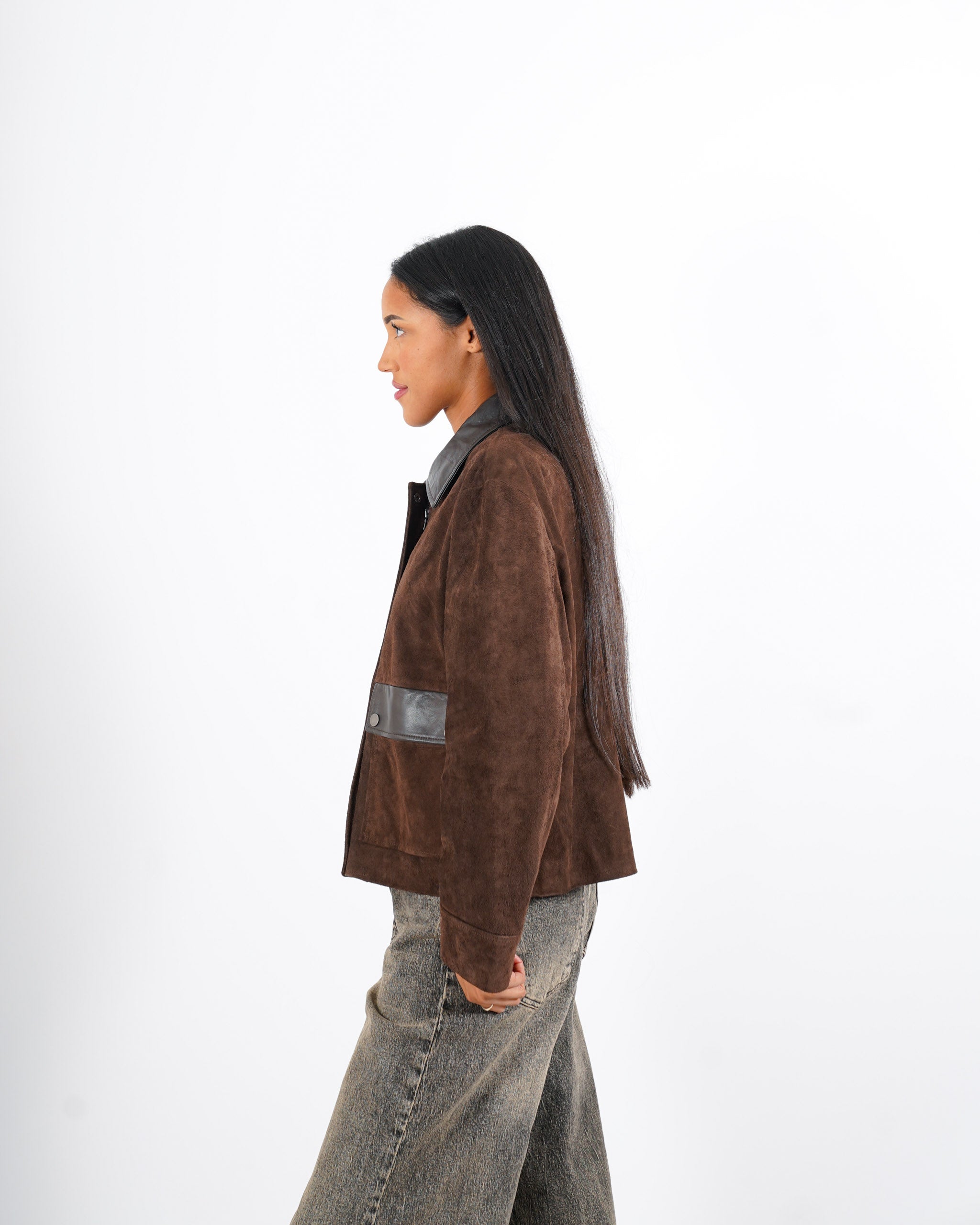 Giacca in crosta vintage con profili in pelle - Estrella