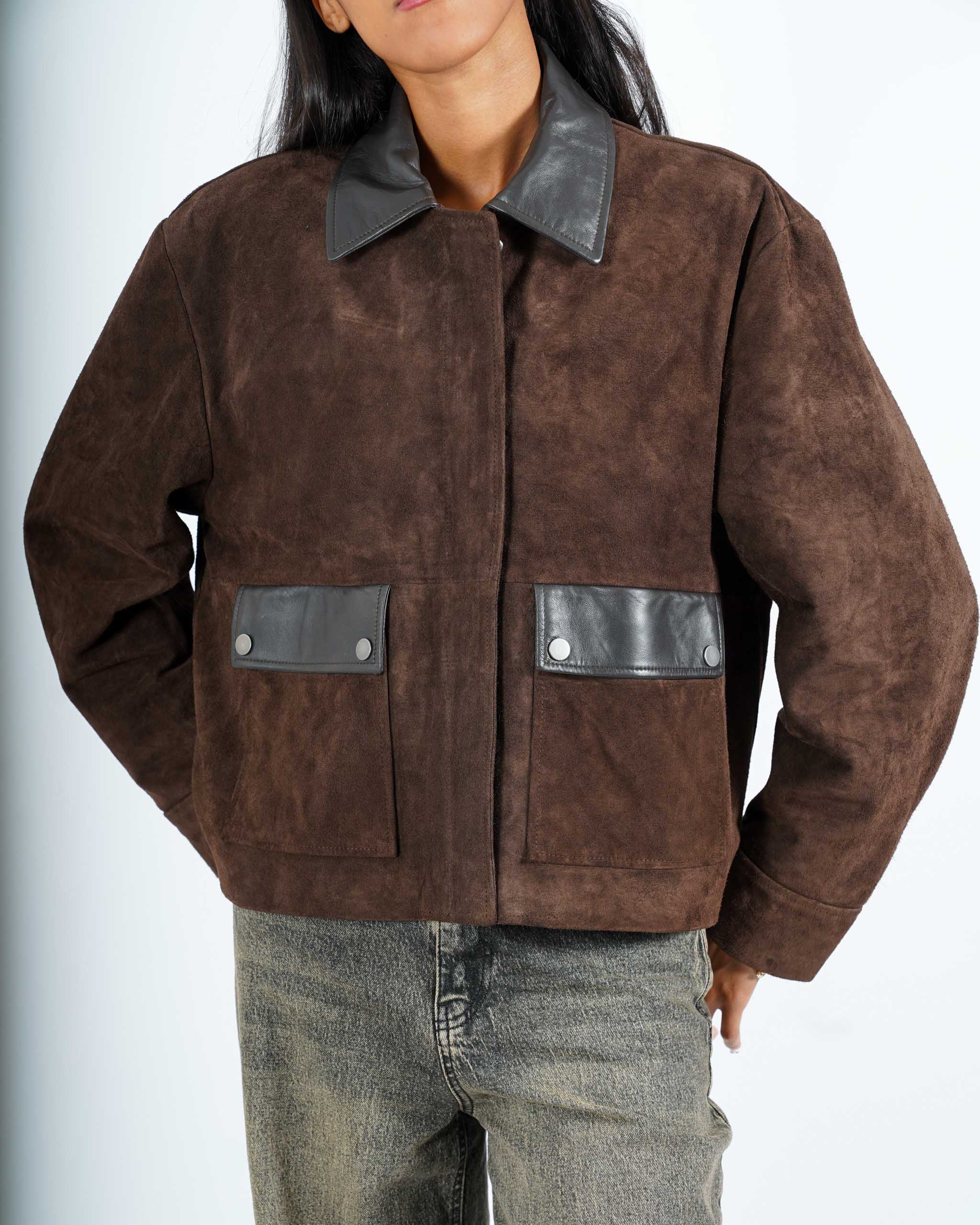 Giacca in crosta vintage con profili in pelle - Estrella