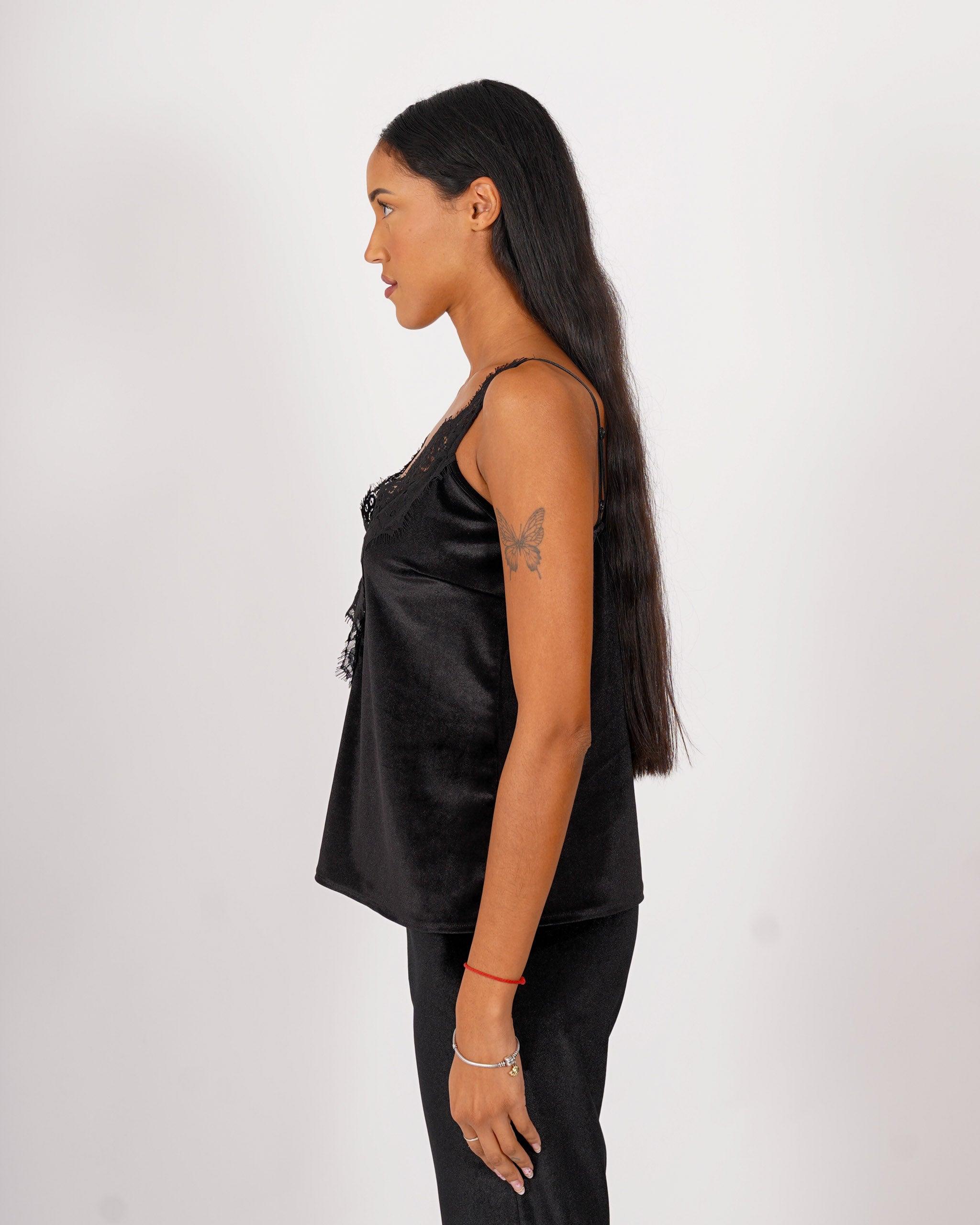 Top con profilo in pizzo macramè in velluto liscio - Tenace