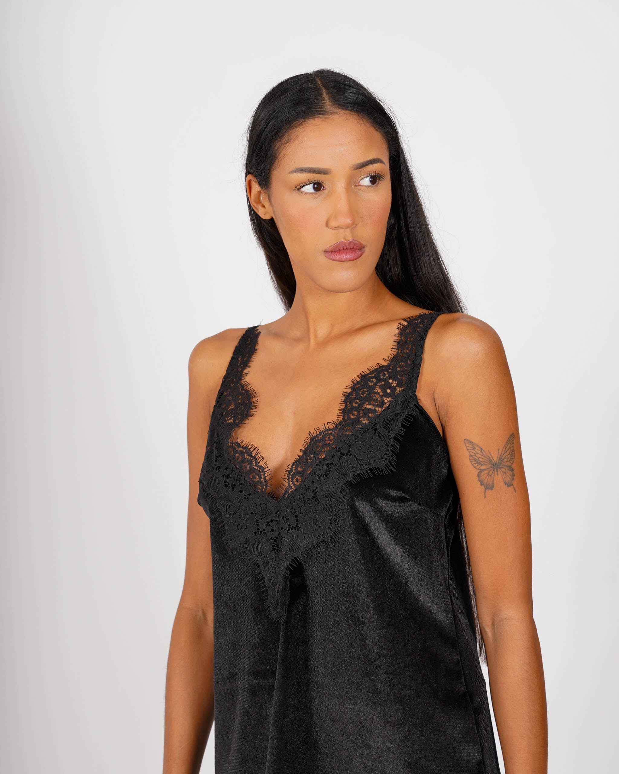 Top con profilo in pizzo macramè in velluto liscio - Tenace