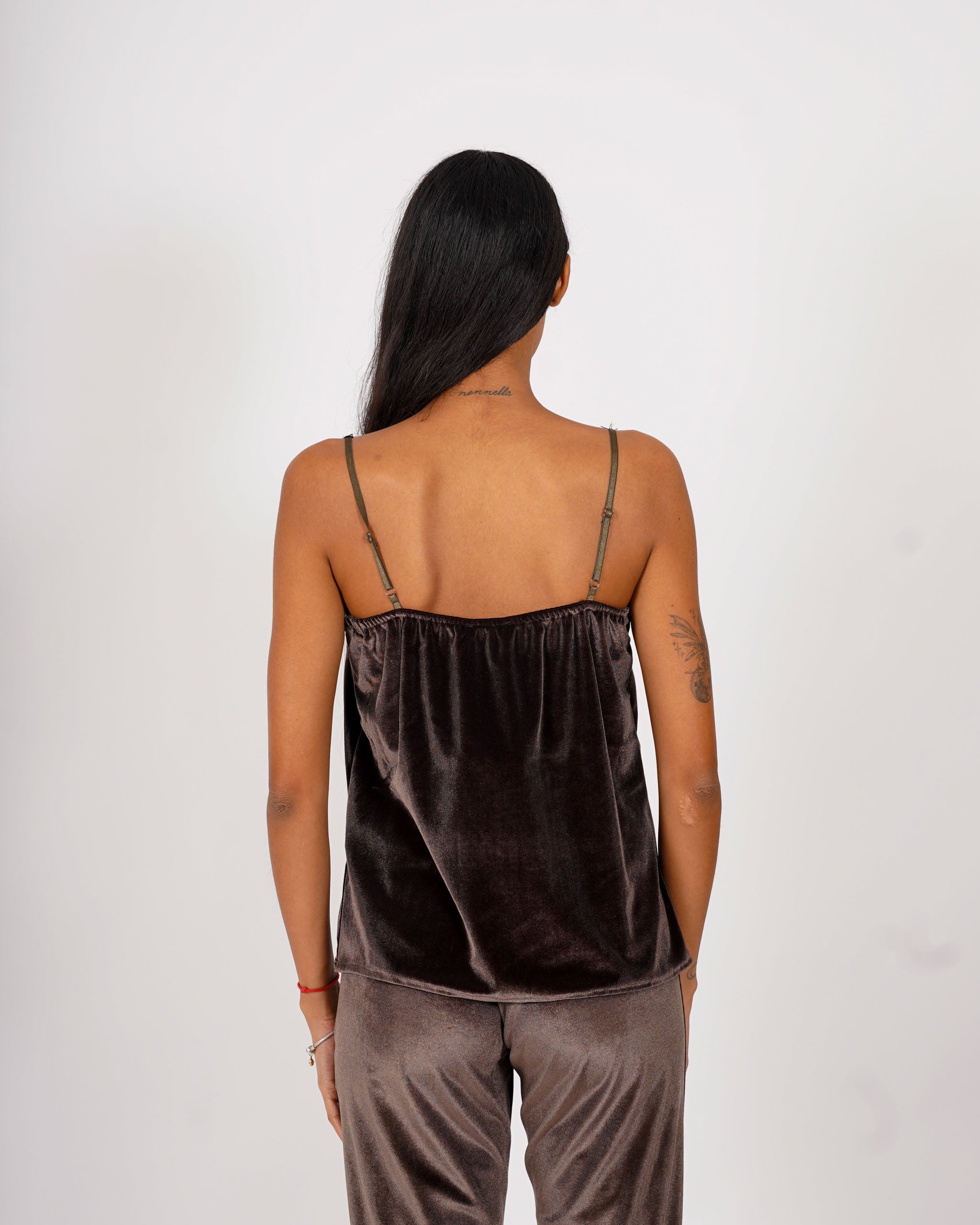 Top con profilo in pizzo macramè in velluto liscio - Tenace