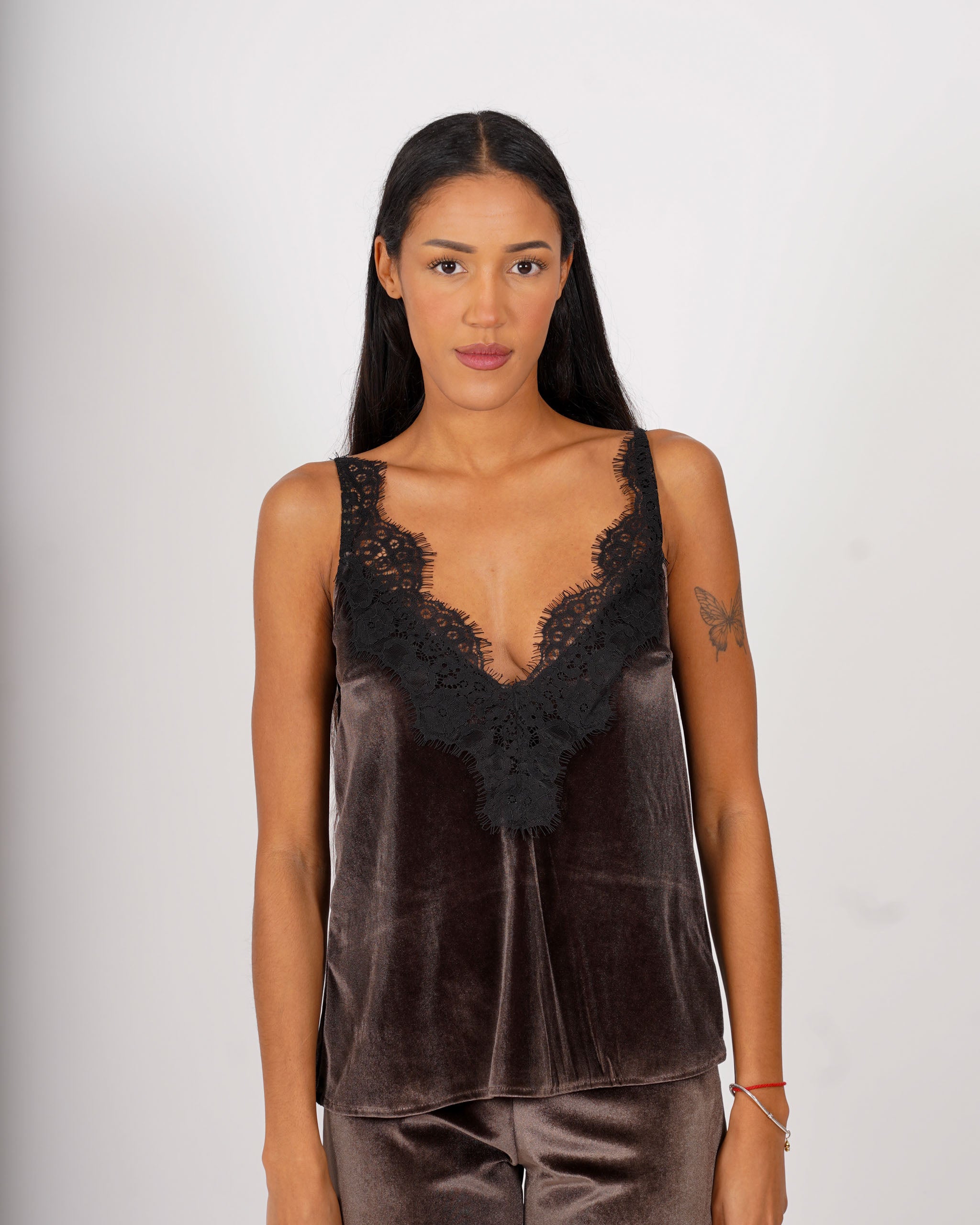 Top con profilo in pizzo macramè in velluto liscio - Tenace