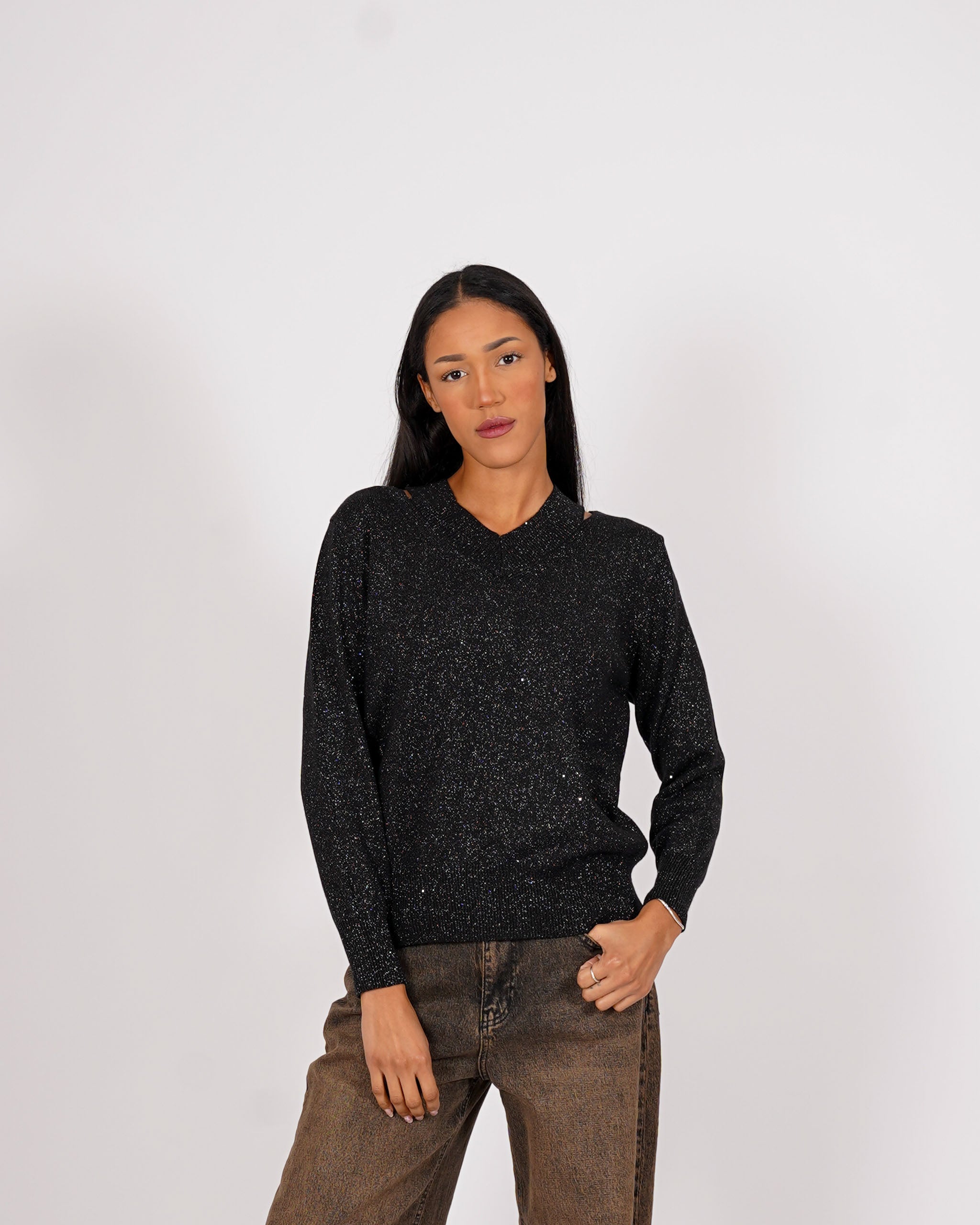 Maglia scollo a v con trama lurex - Grata