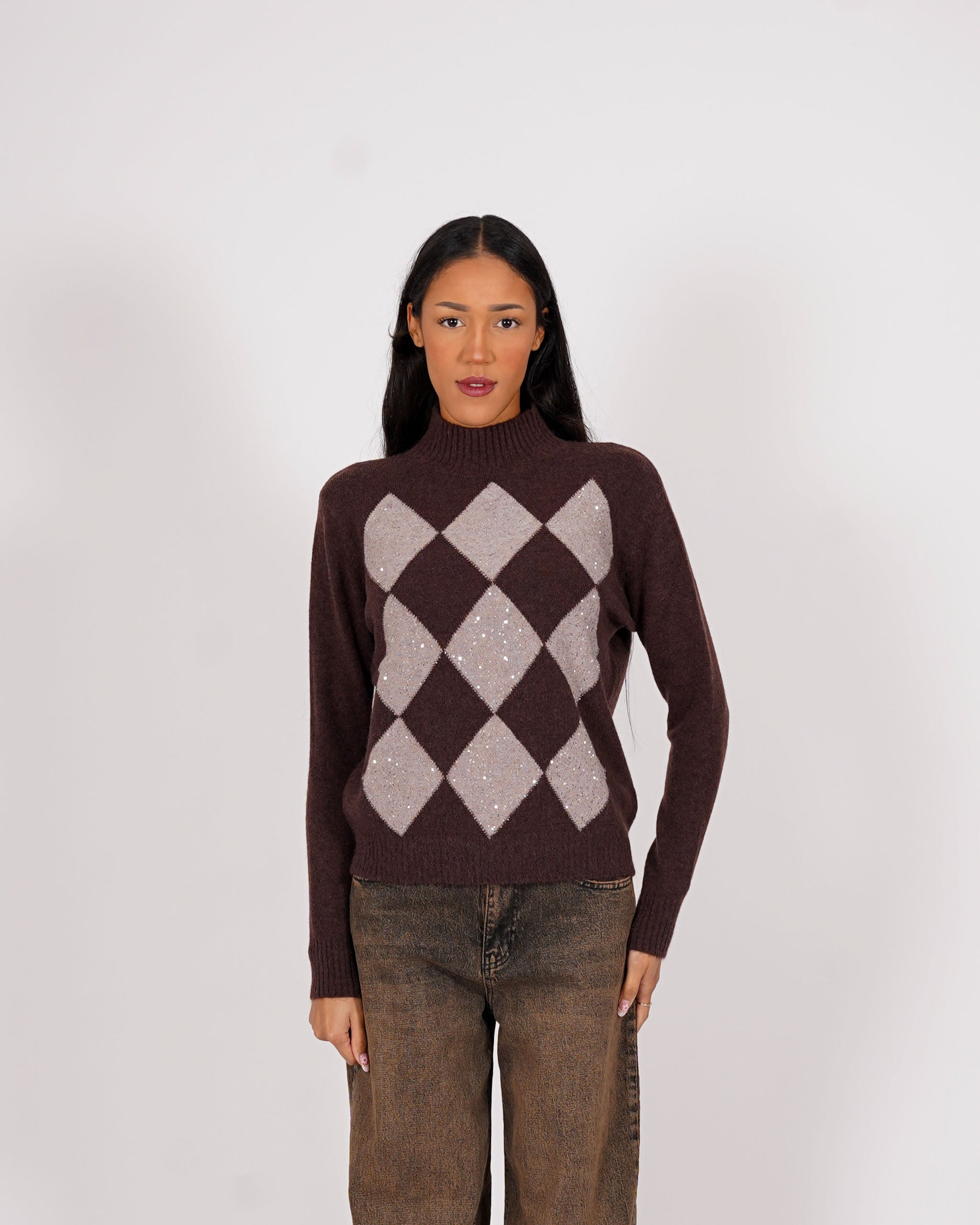 Maglia collo alto con losanghe e micropaillettes - Diversa