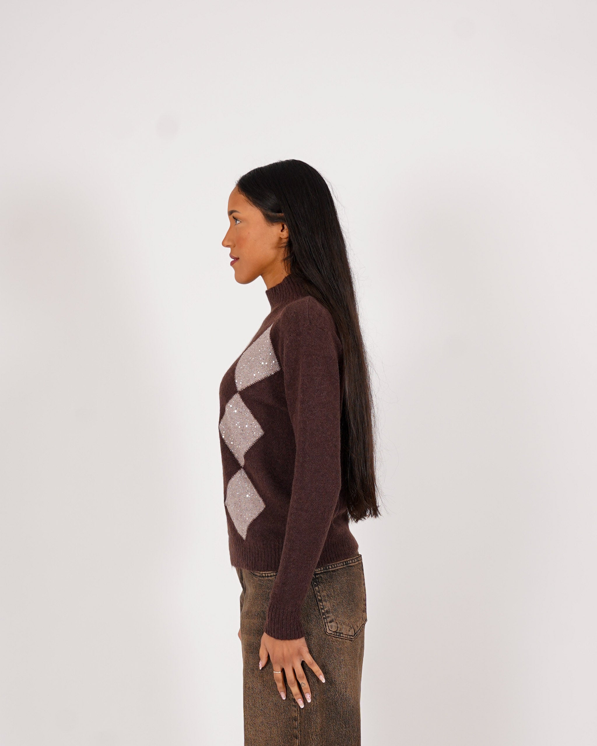 Maglia collo alto con losanghe e micropaillettes - Diversa