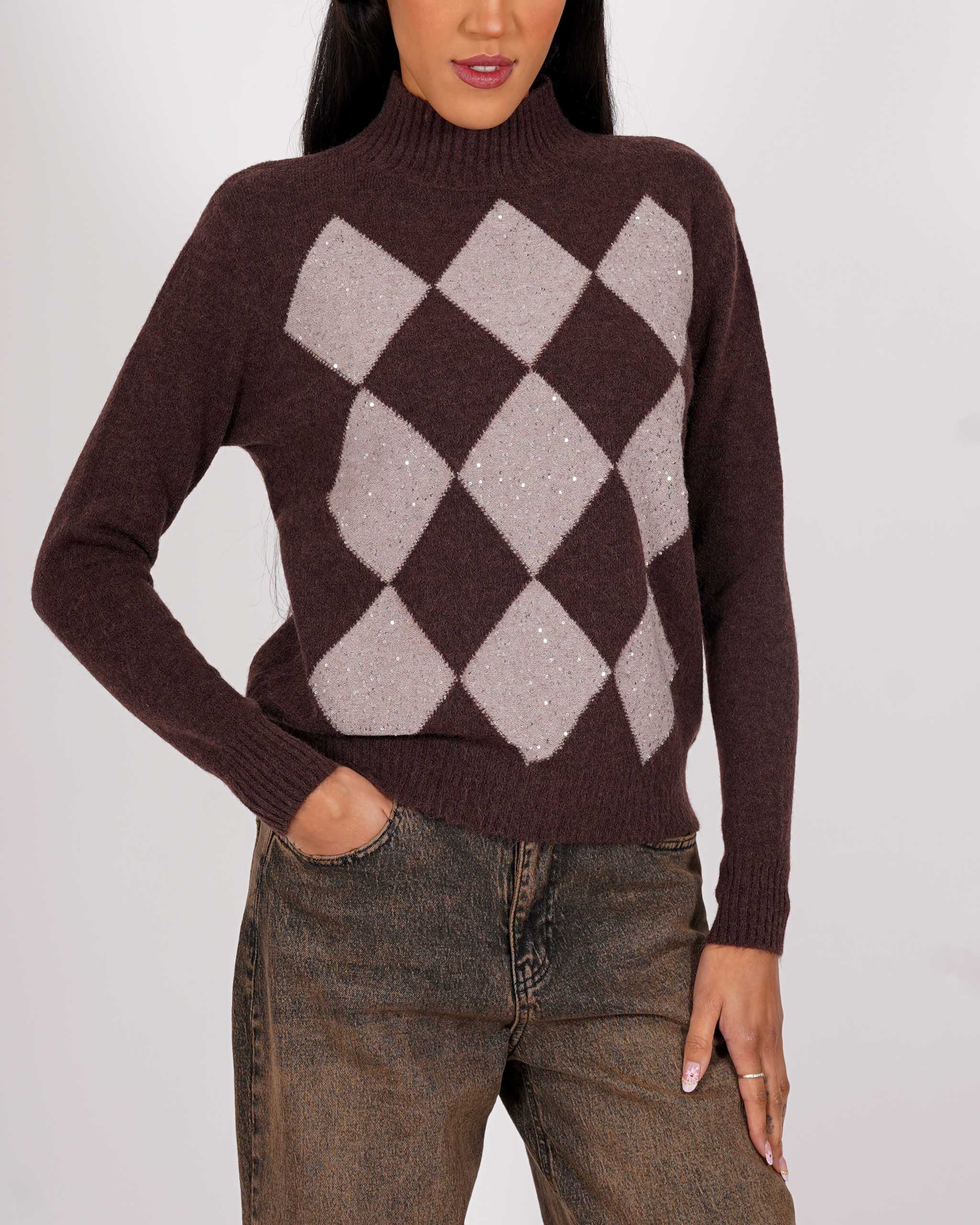 Maglia collo alto con losanghe e micropaillettes - Diversa