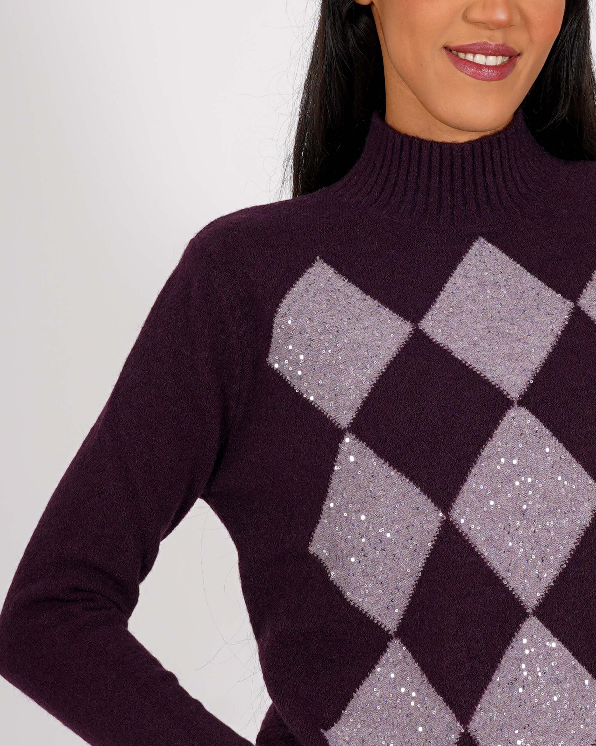 Maglia collo alto con losanghe e micropaillettes - Diversa