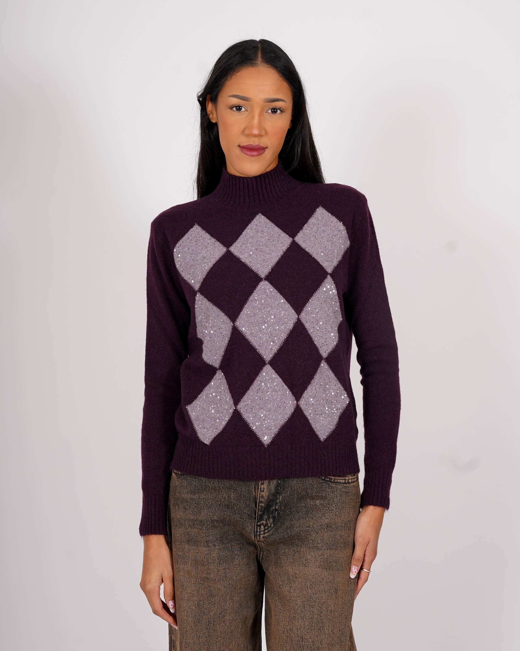 Maglia collo alto con losanghe e micropaillettes - Diversa