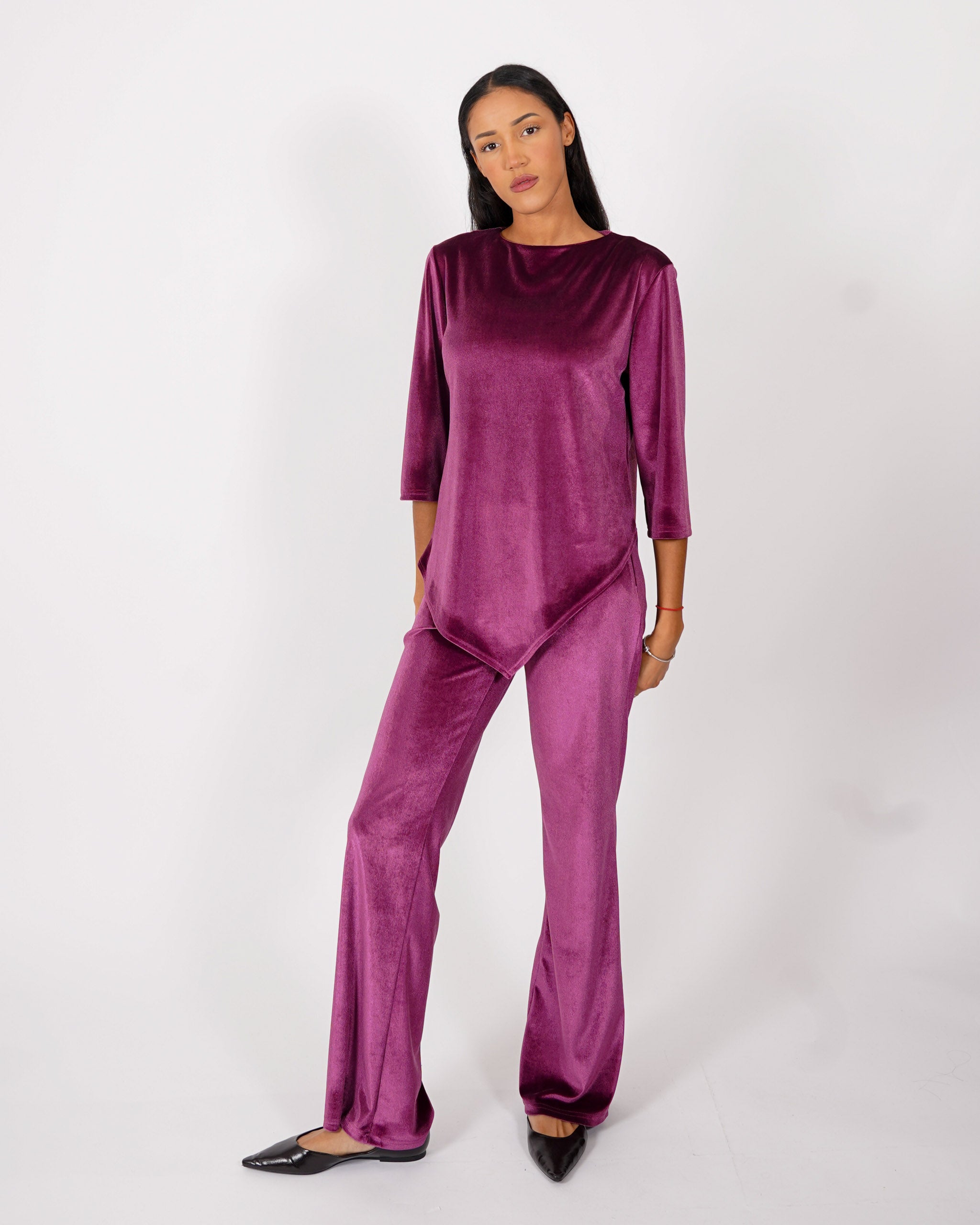 Blusa girocollo manica 3/4 in velluto liscio -  Furba