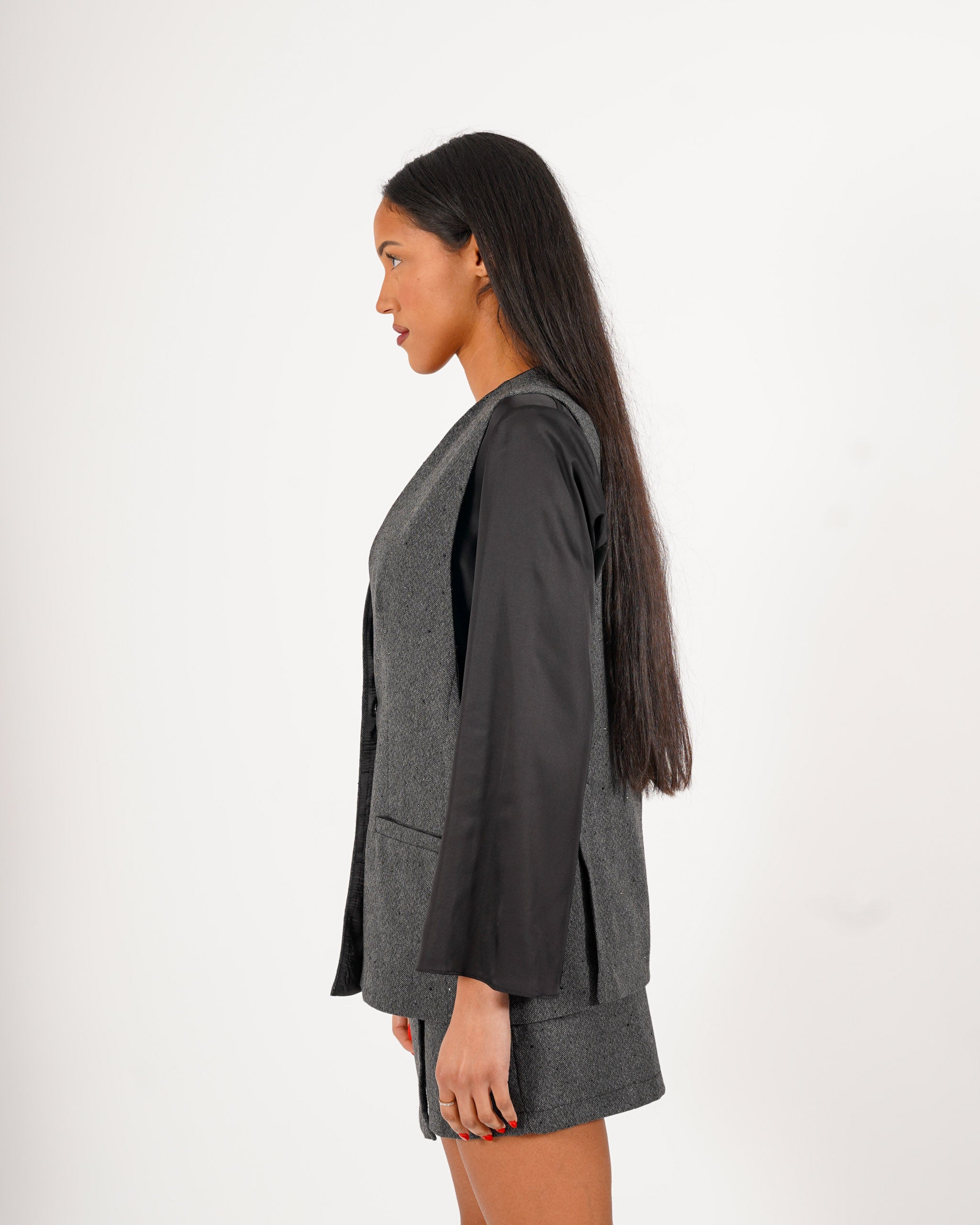 Gilet over in tessuto spigato con applicazioni - Celestine