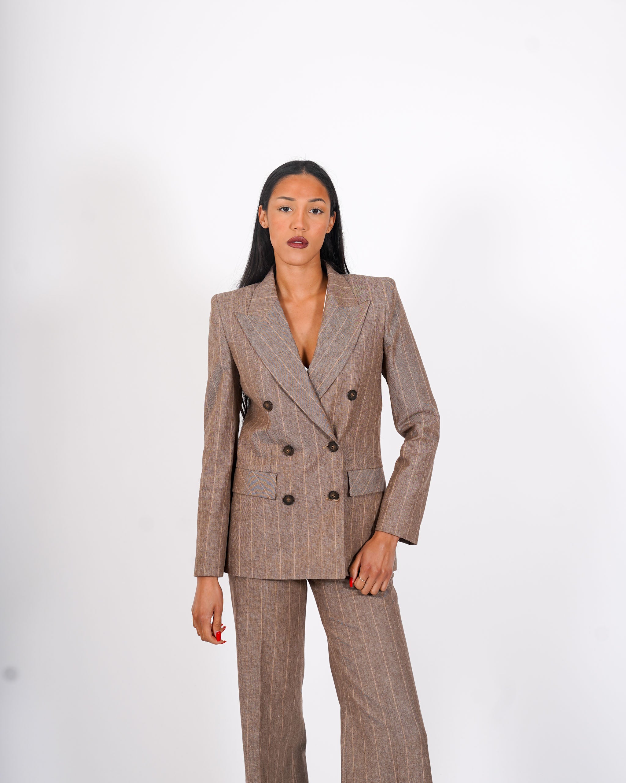 Giacca gessata doppio petto con sei bottoni in ecofibra - Tiffany