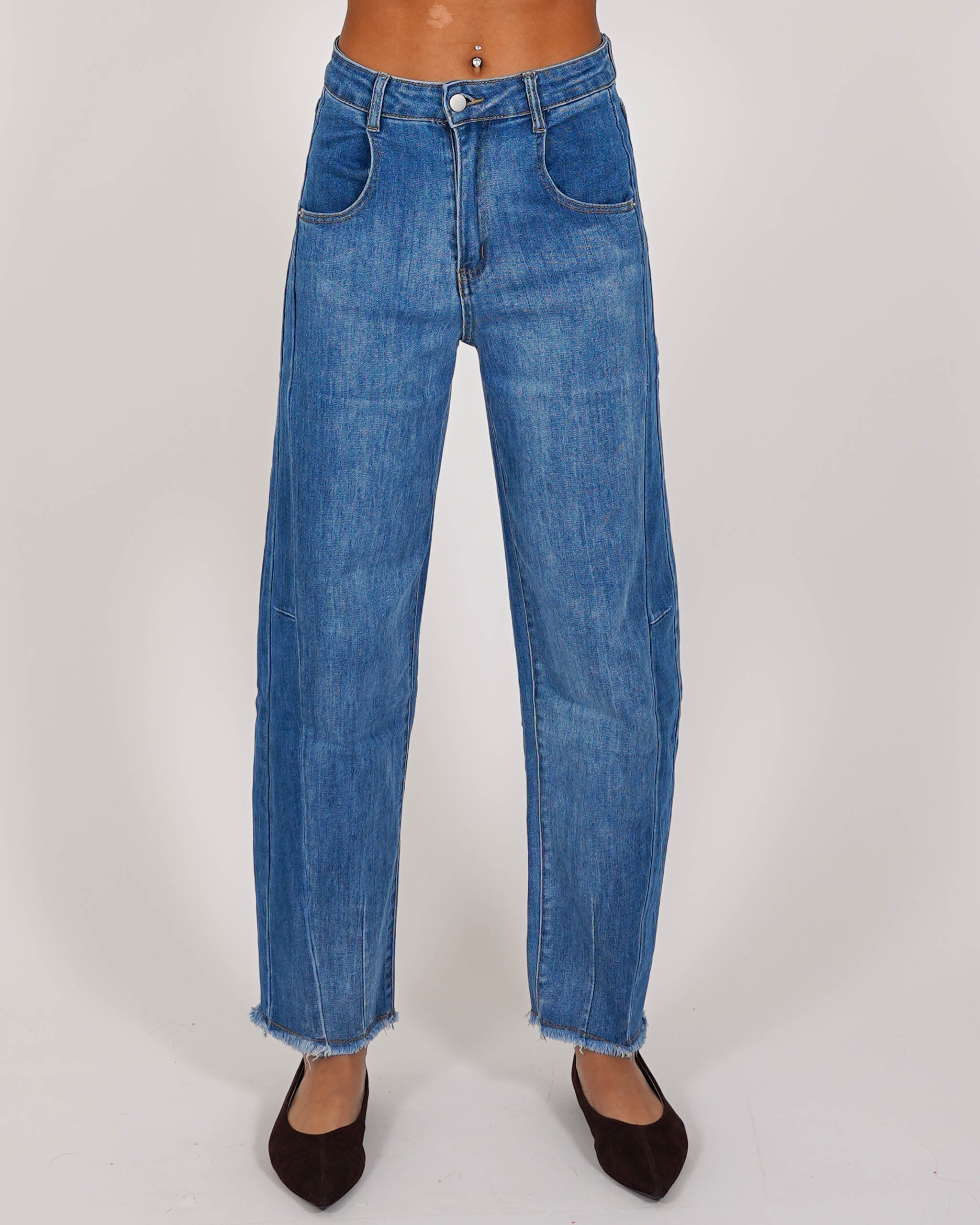 Jeans balloon fit con fondo a frange in tela denim - Dorothy