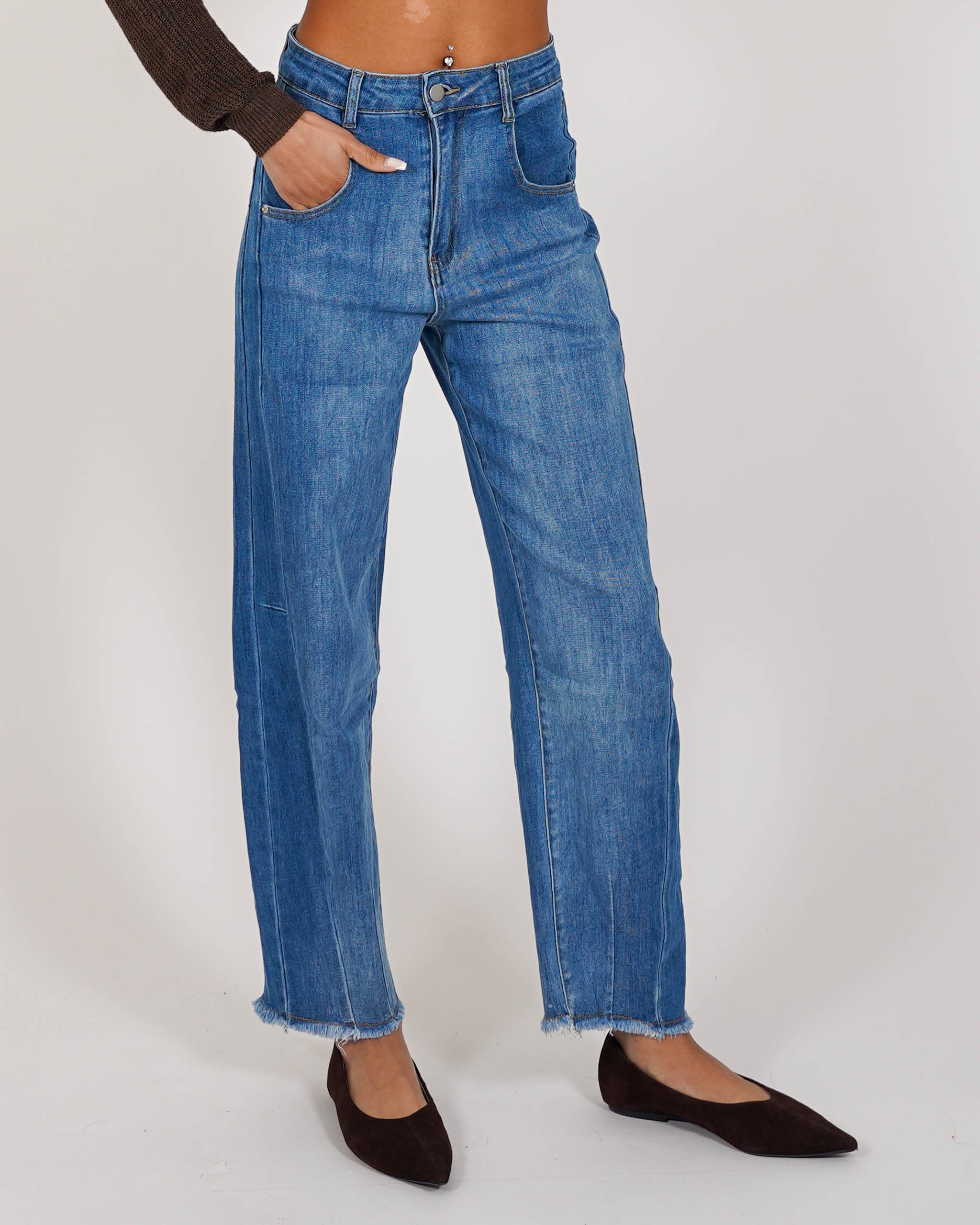 Jeans balloon fit con fondo a frange in tela denim - Dorothy