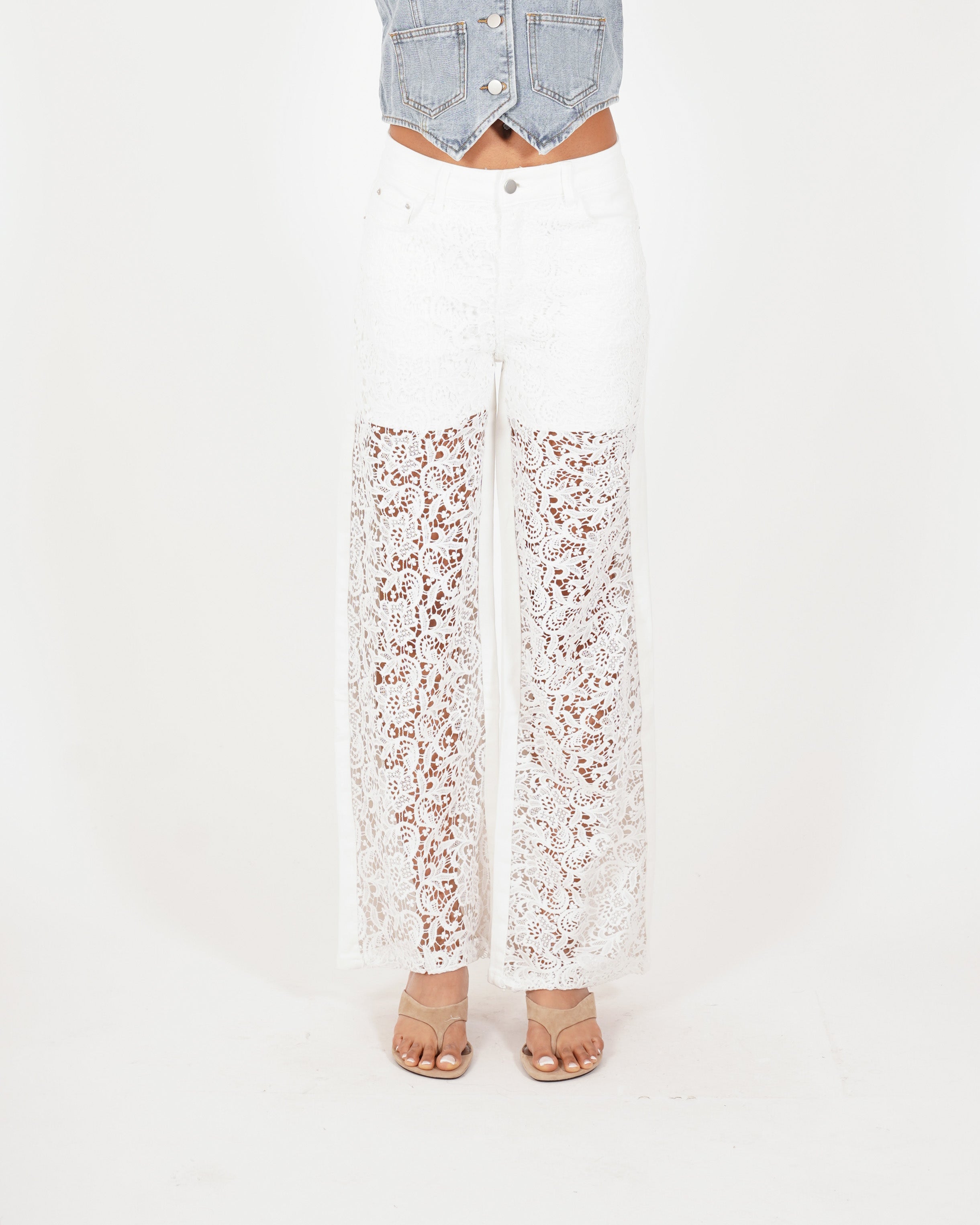 Pantaloni regular fit con ricamo in pizzo macramè - Anisa