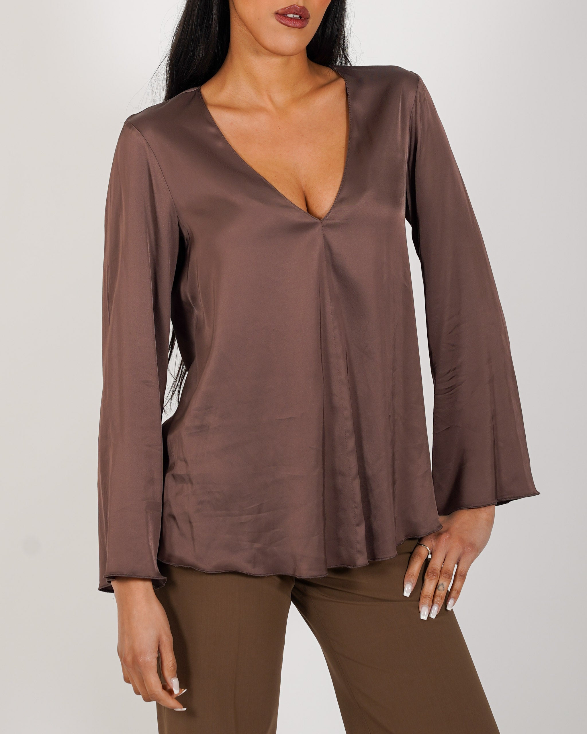 Blusa scollo a v manica lunga in raso - Carrà