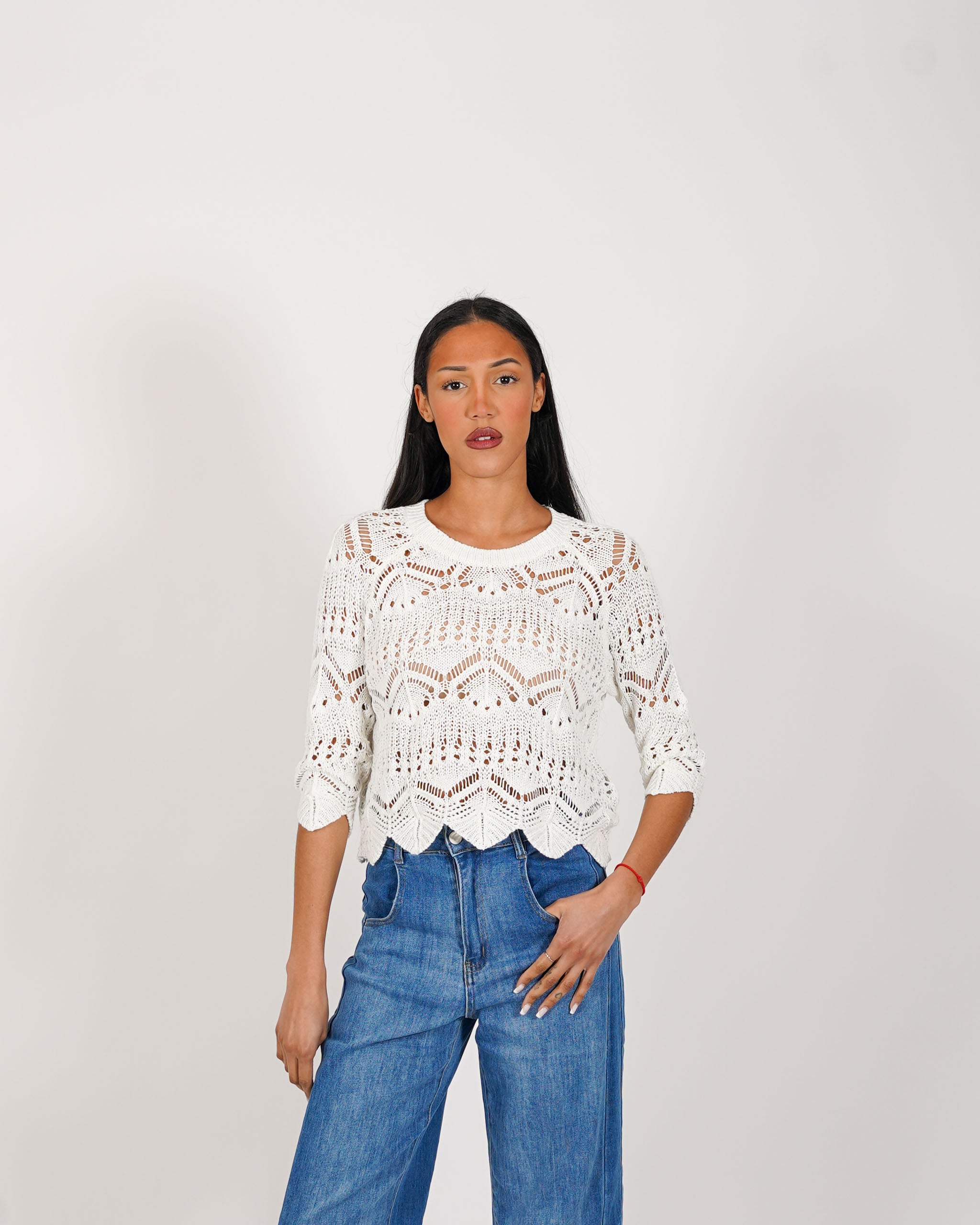 Maglia manica 3/4 in macramè di cotone - Famiana