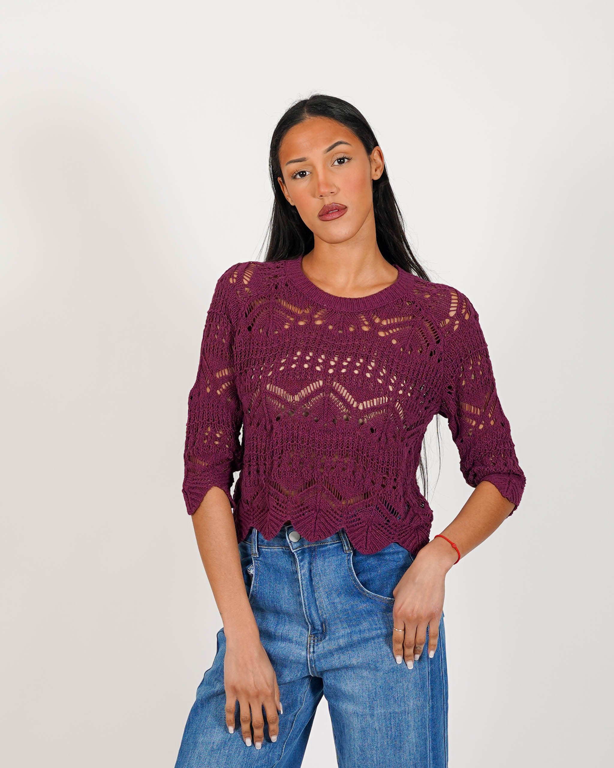 Maglia manica 3/4 in macramè di cotone - Famiana