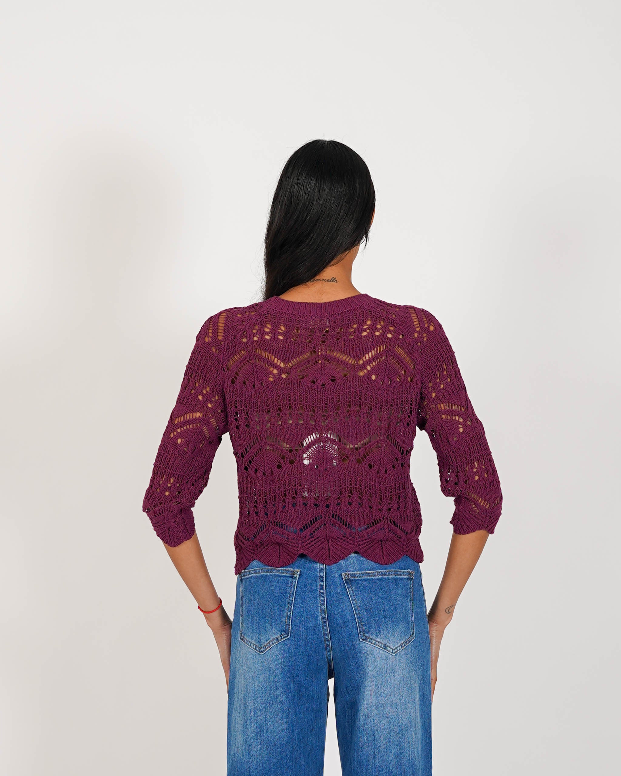 Maglia manica 3/4 in macramè di cotone - Famiana