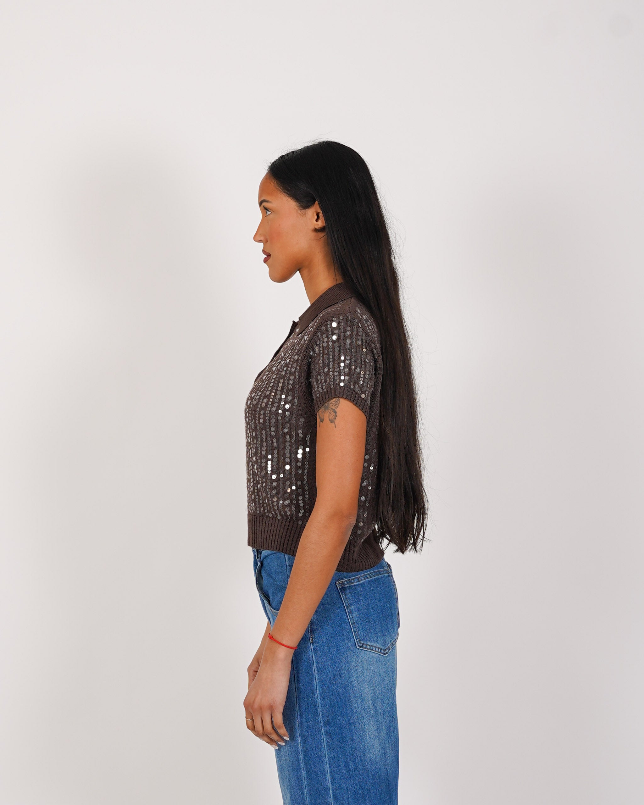 Polo mezza manica full paillettes in mano viscosa - Fantina