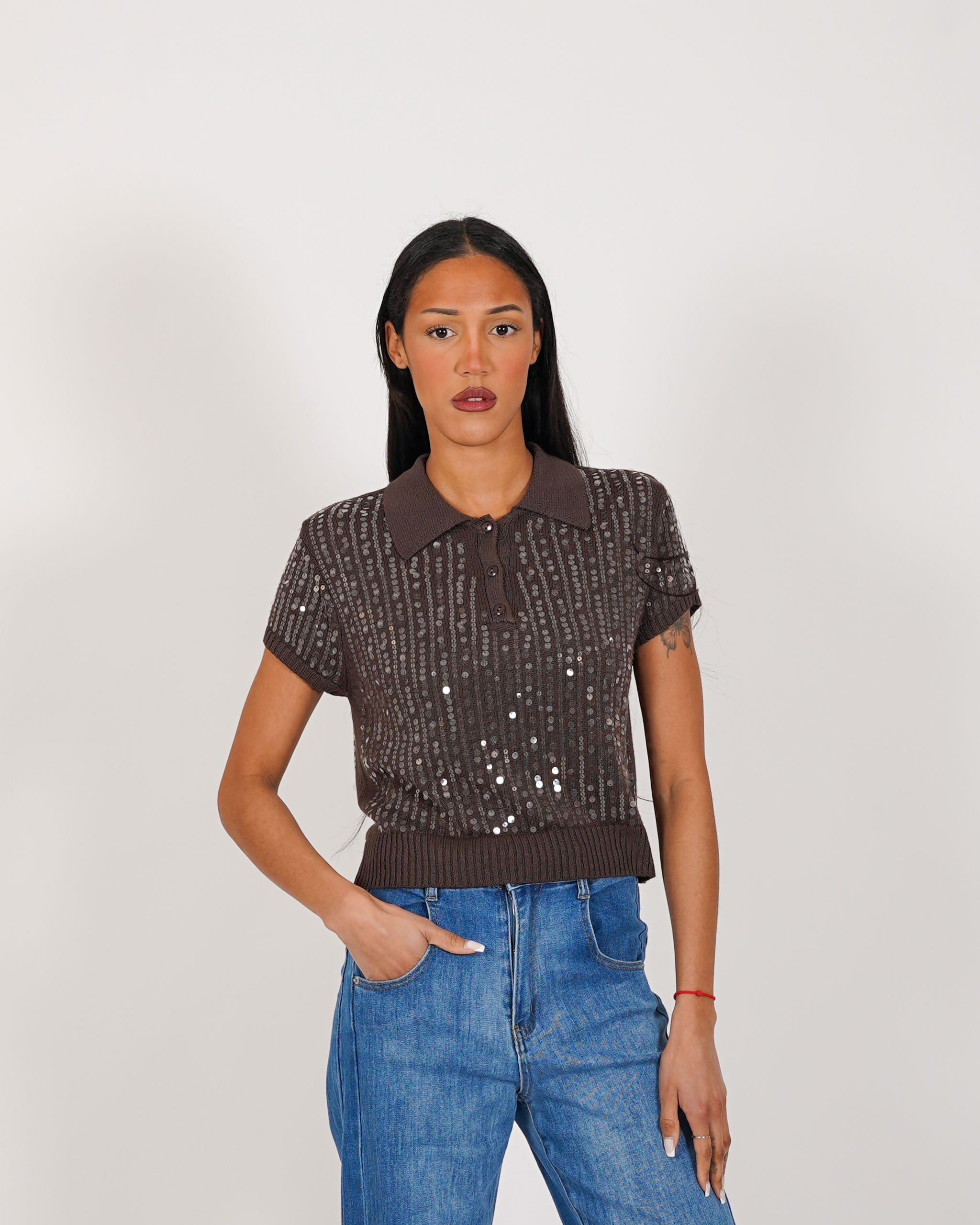 Polo mezza manica full paillettes in mano viscosa - Fantina