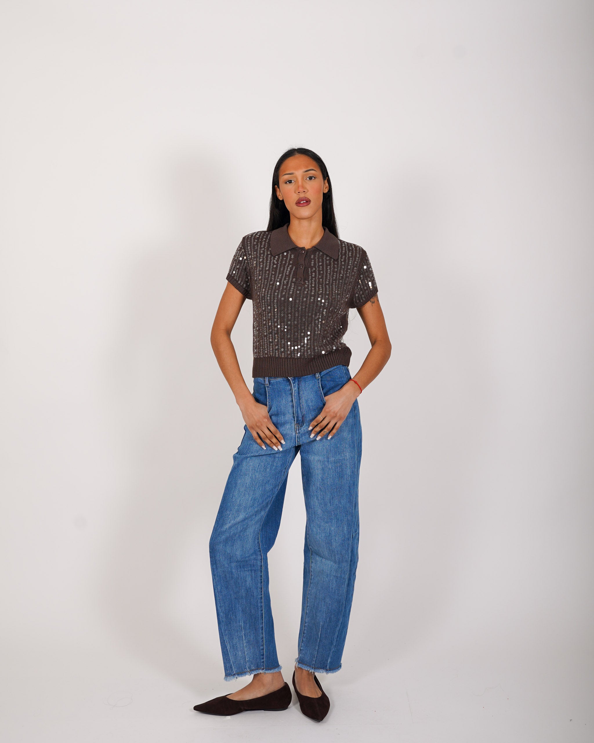 Polo mezza manica full paillettes in mano viscosa - Fantina