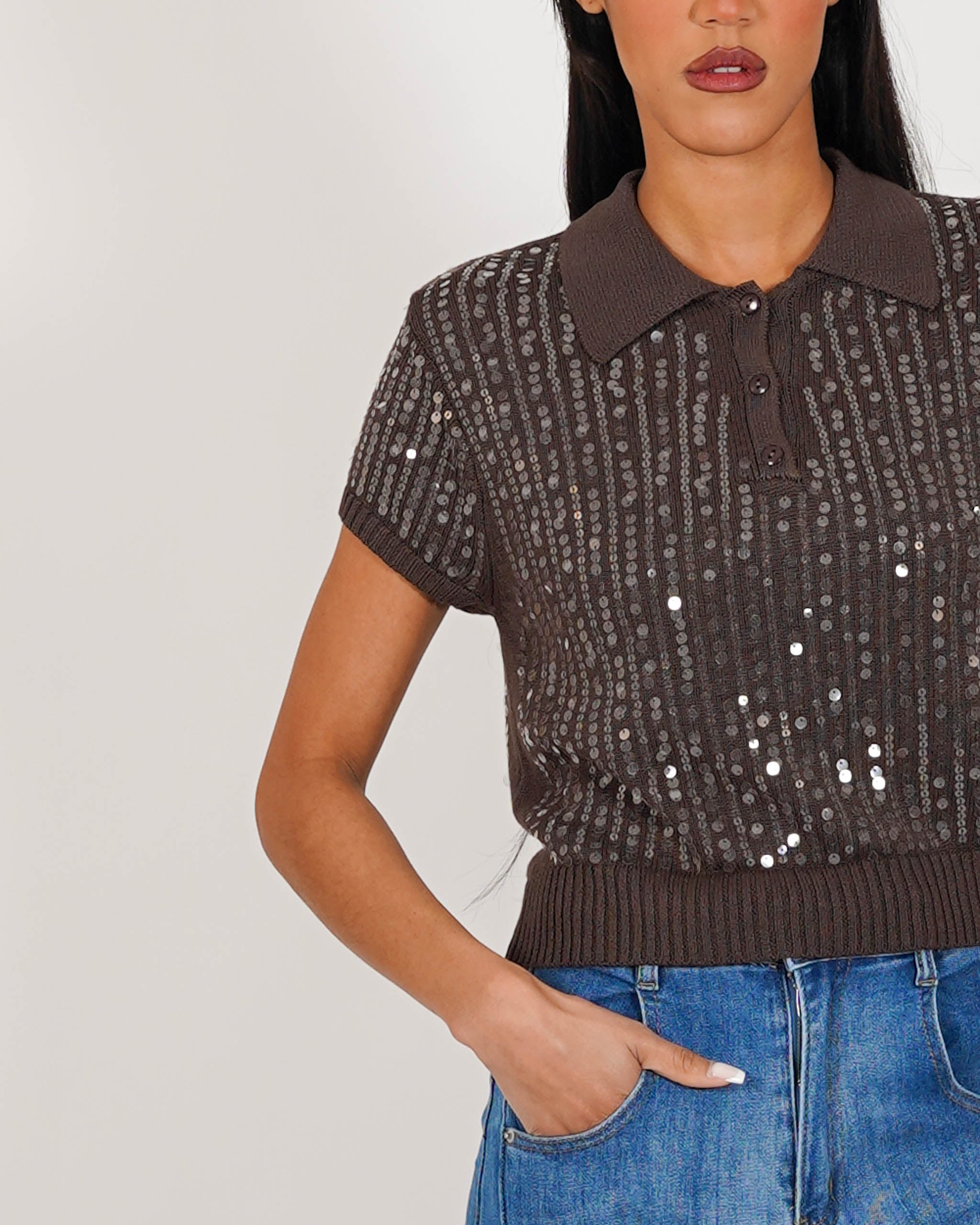 Polo mezza manica full paillettes in mano viscosa - Fantina