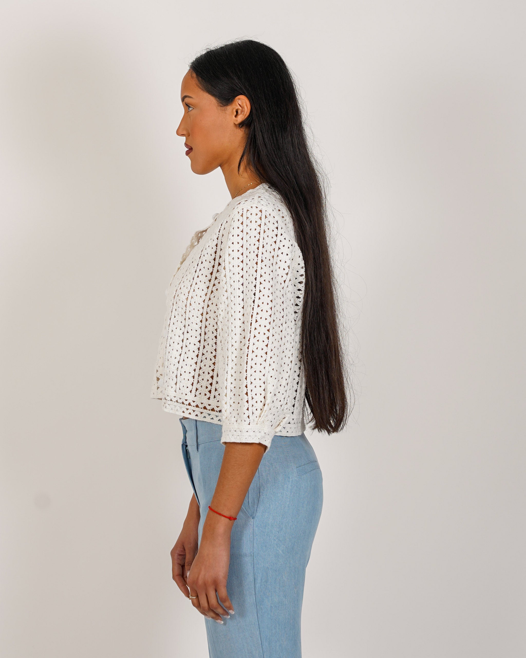 Cardigan cropped in filo di cotone macramè - Manesca