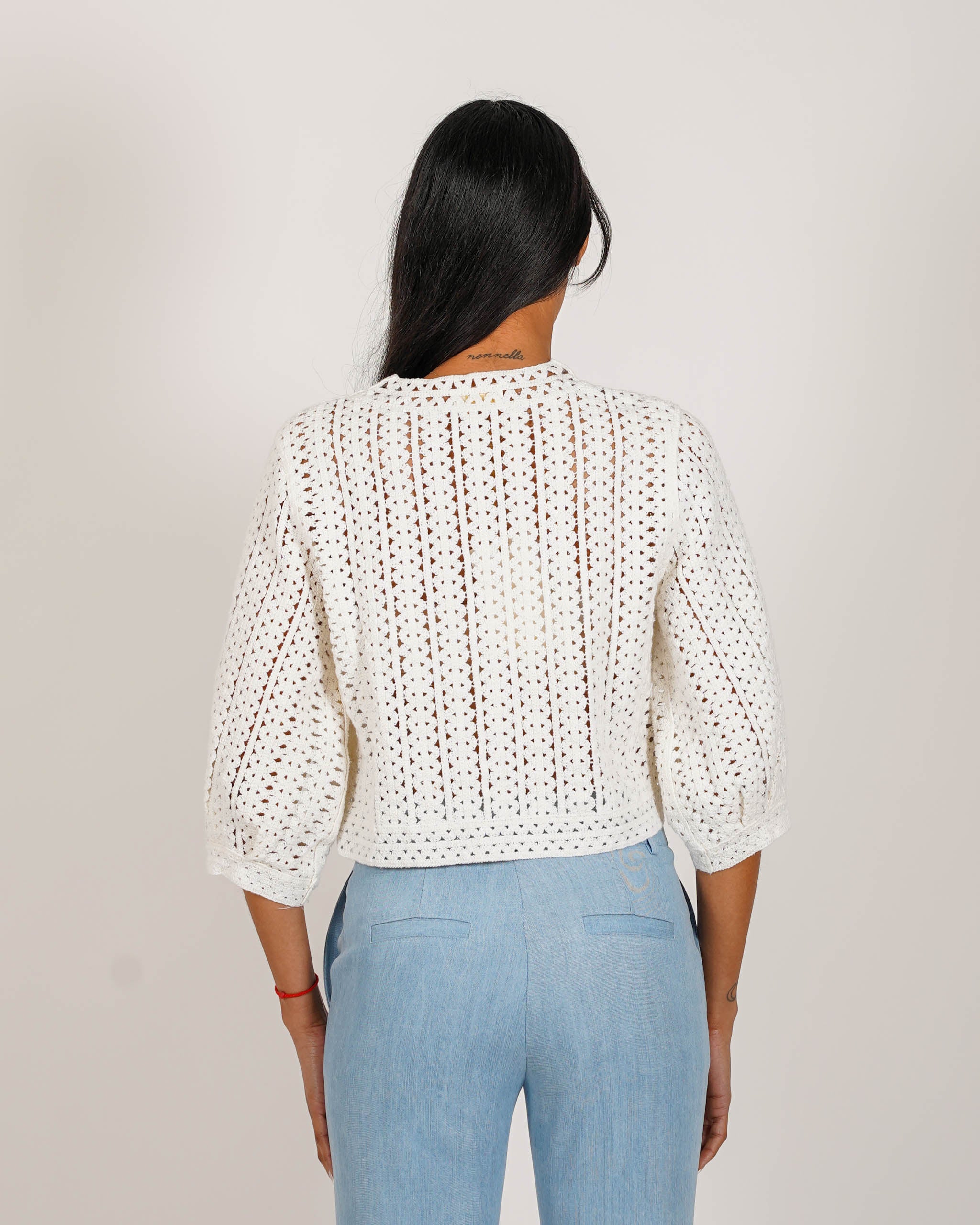 Cardigan cropped in filo di cotone macramè - Manesca