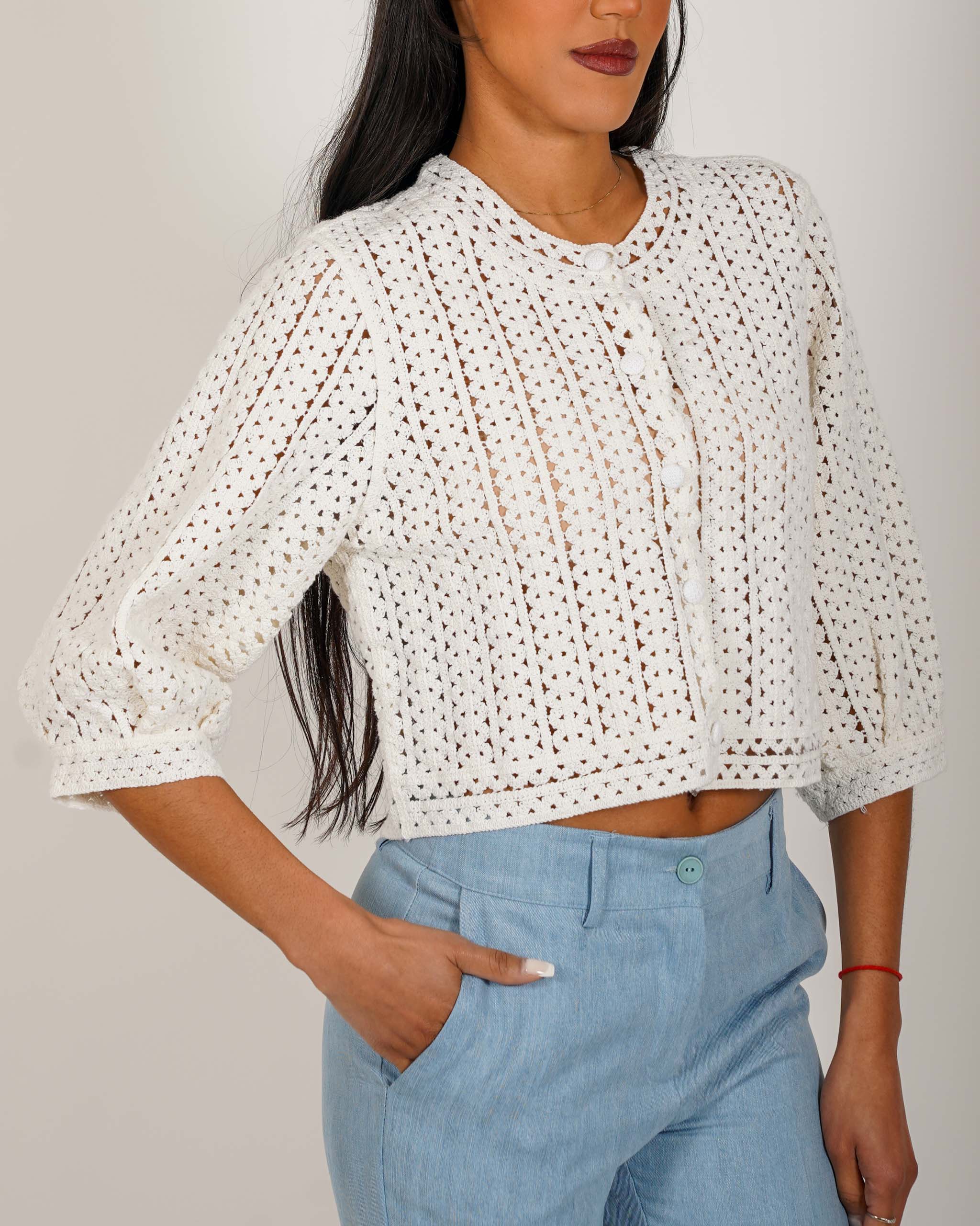 Cardigan cropped in filo di cotone macramè - Manesca