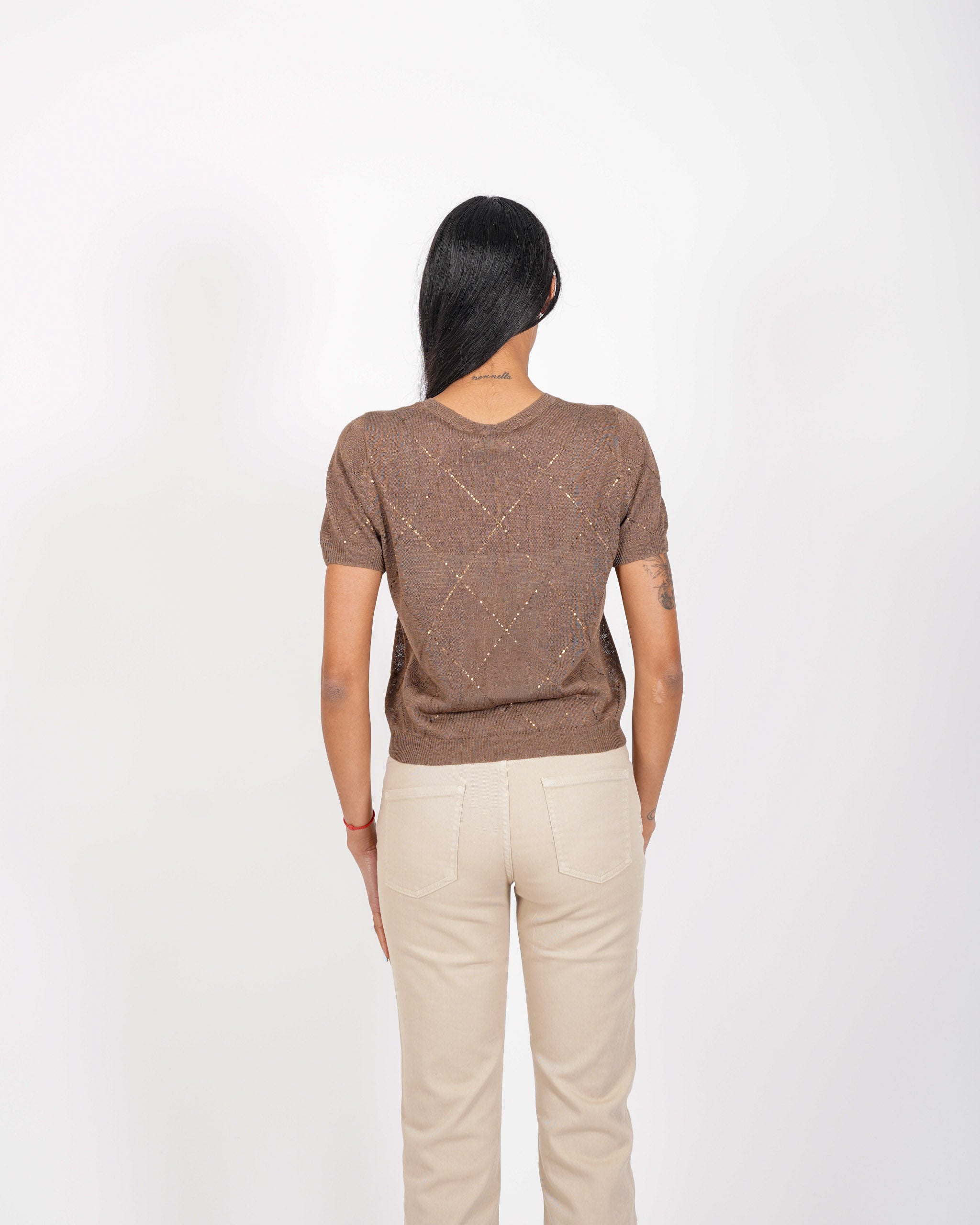 Maglia girocollo con losanghe in micropaillettes - Melezia