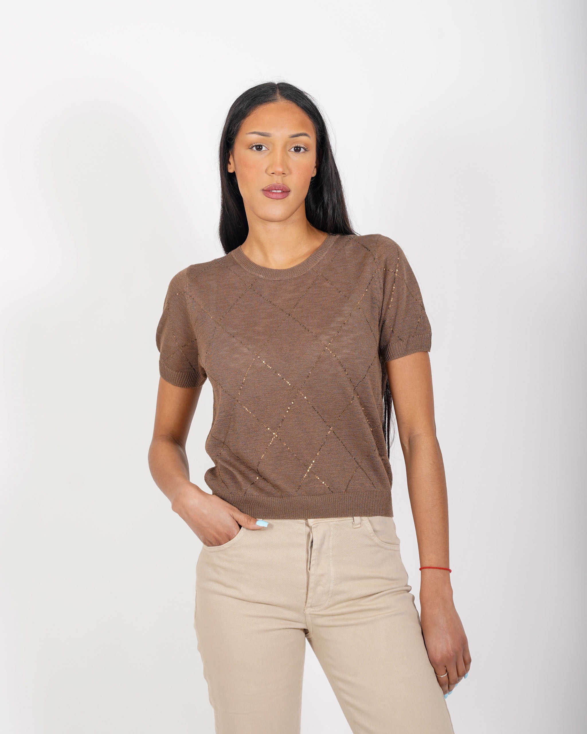 Maglia girocollo con losanghe in micropaillettes - Melezia