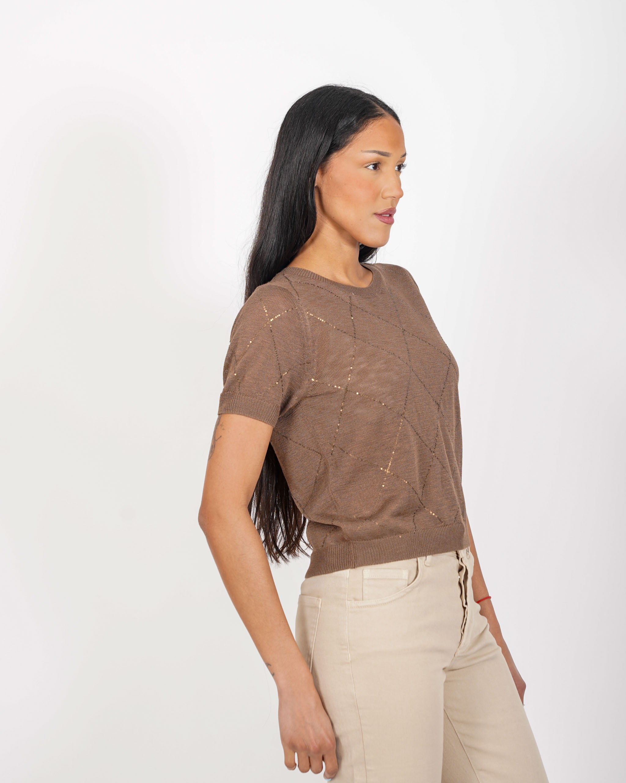 Maglia girocollo con losanghe in micropaillettes - Melezia