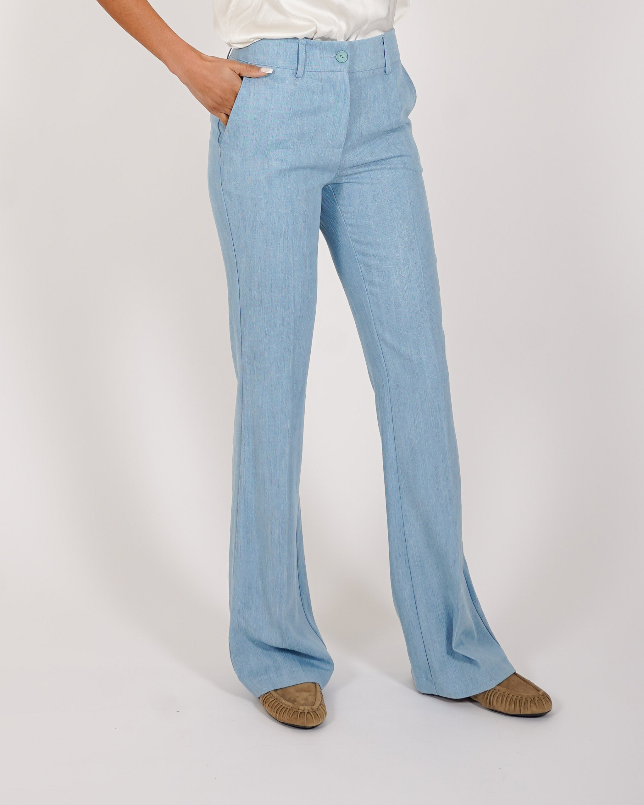 Jeans gamba larga con vita regolare in tessuto chambray - Fiera