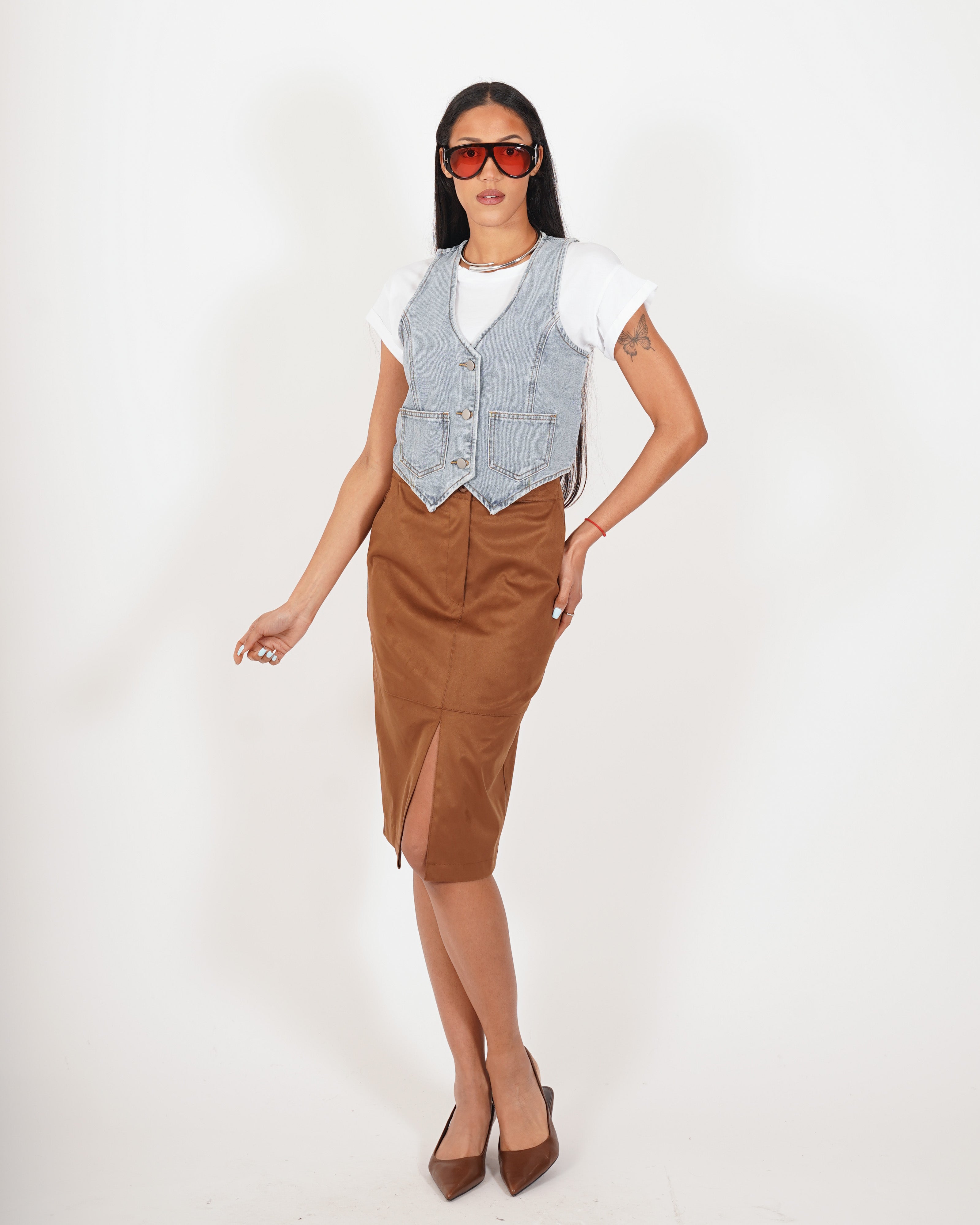 Gonna longuette con spacco in ecocamoscio - Quasar