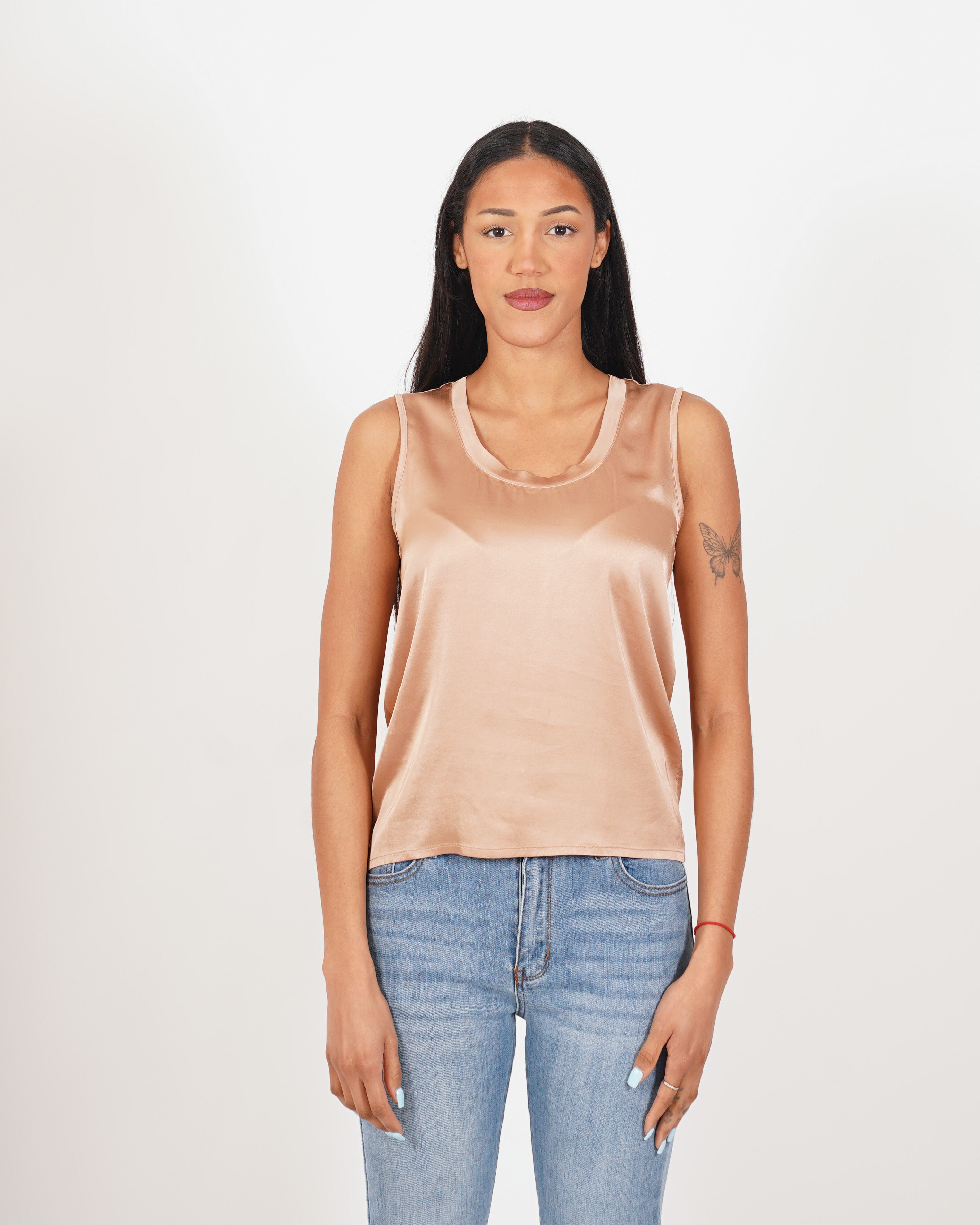 Blusa smanicata girocollo in raso - Giada