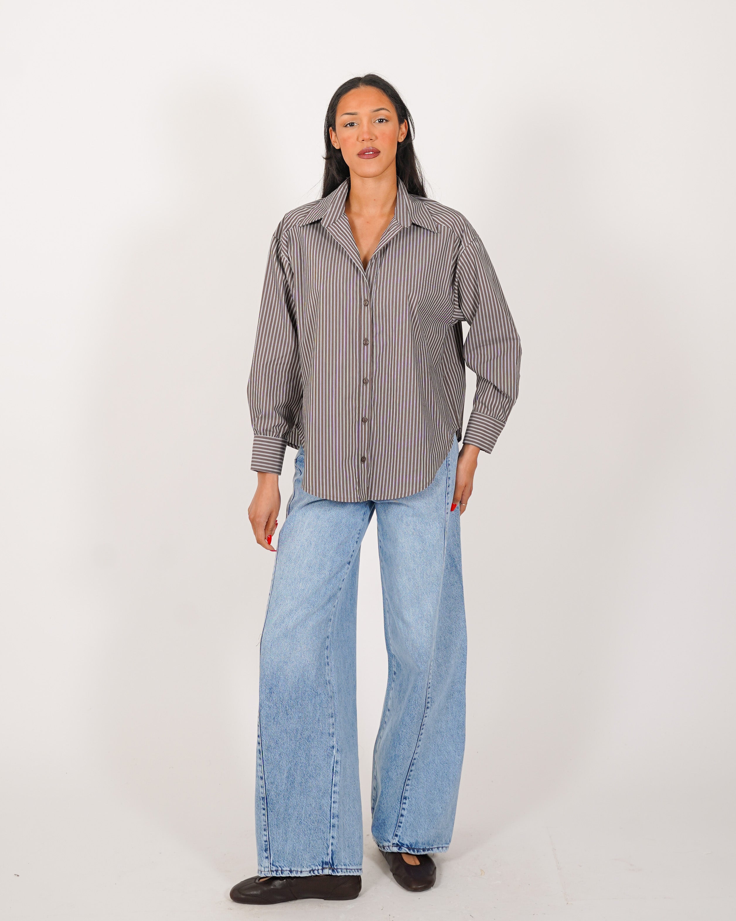 Camicia over rigata manica lunga - Bianchina