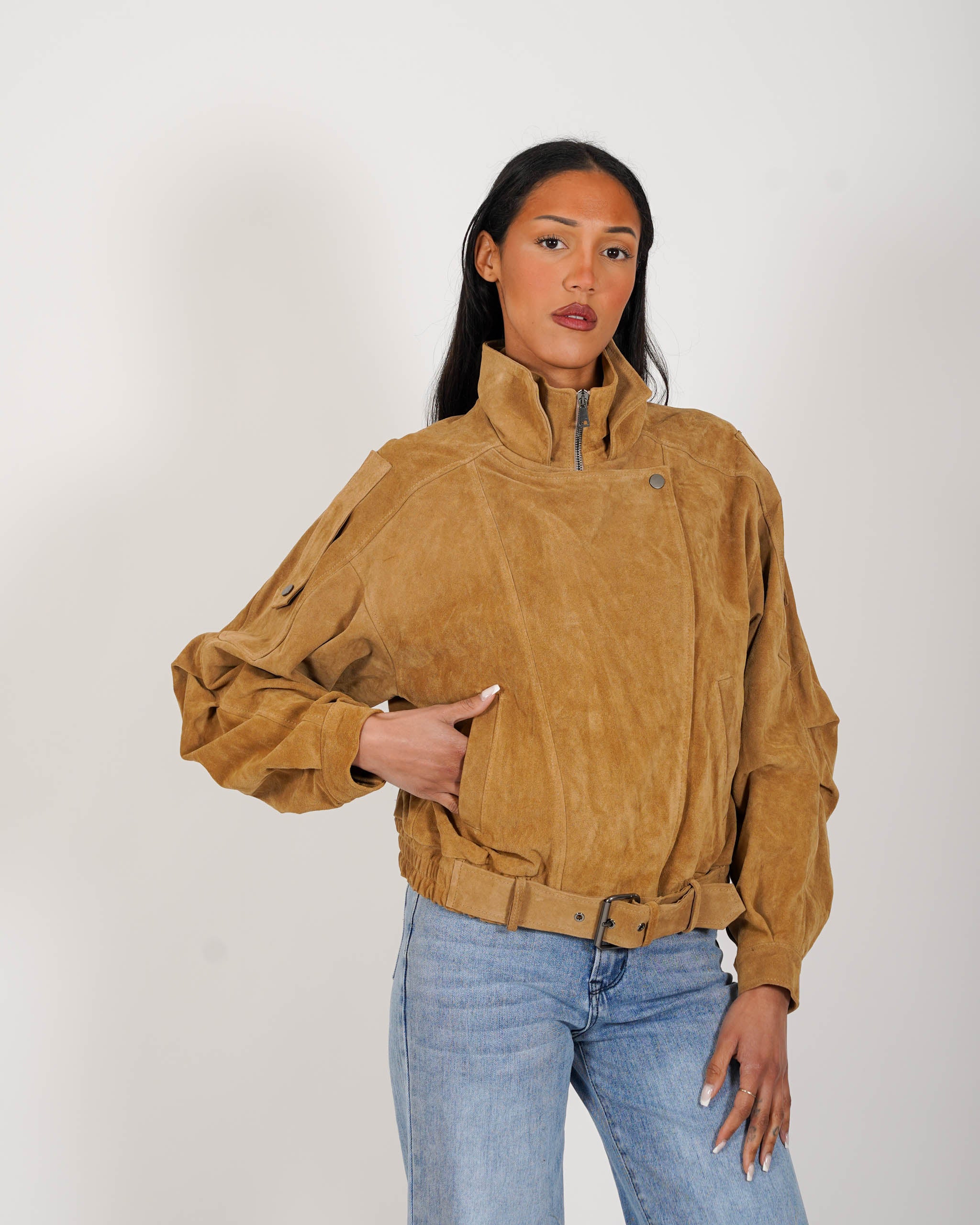 Bomber over in crosta vintage con maniche goffrate - Sirica
