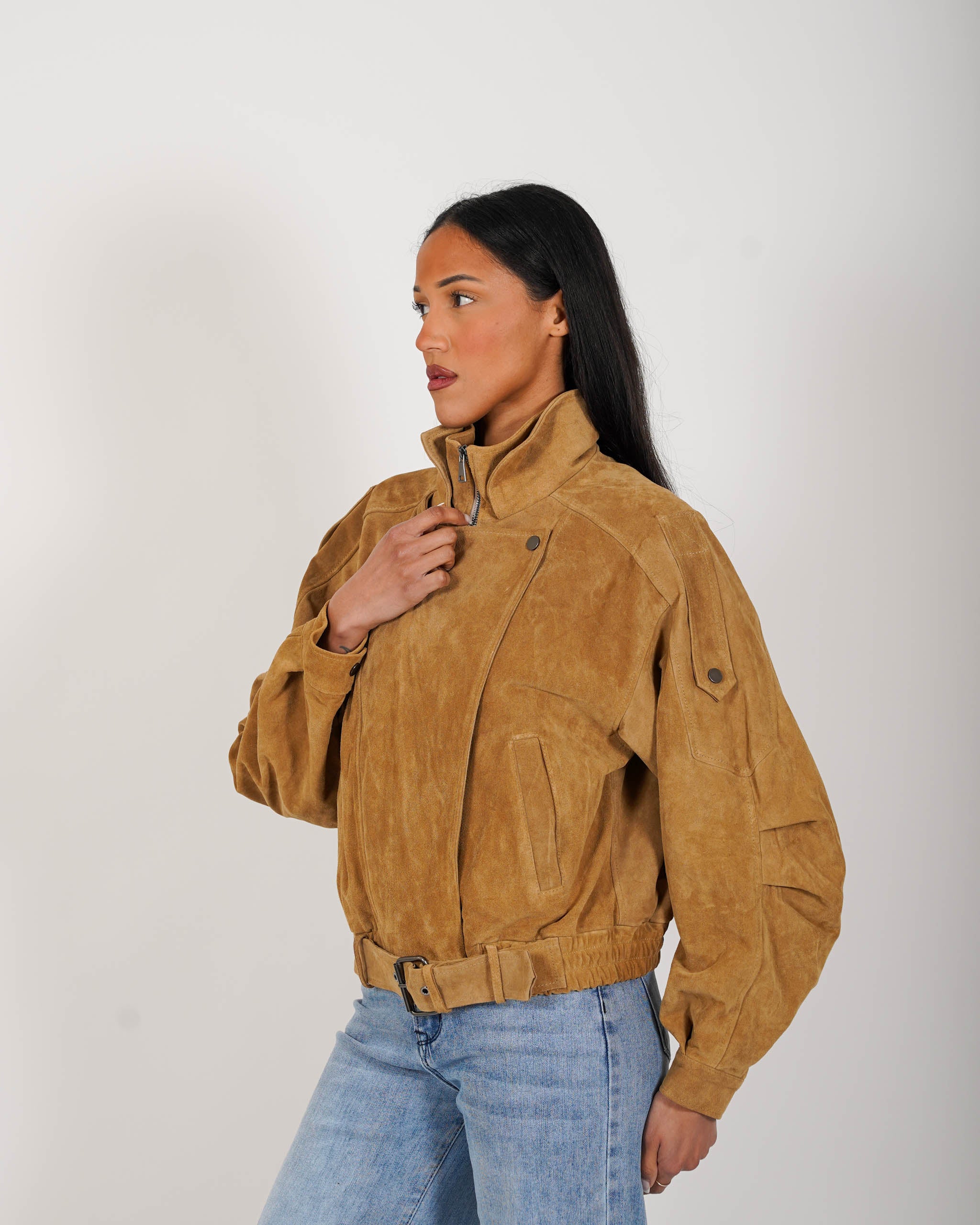 Bomber over in crosta vintage con maniche goffrate - Sirica