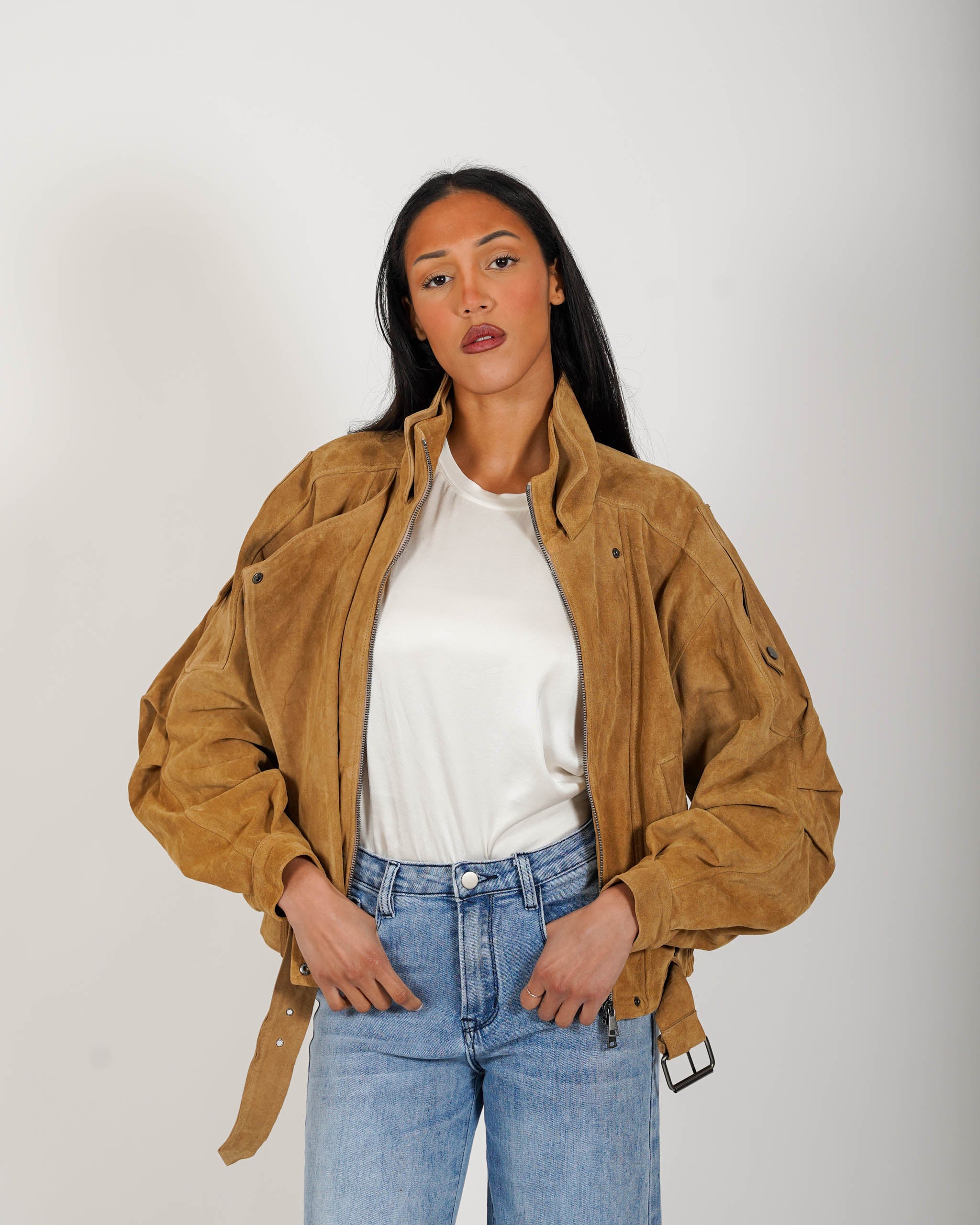 Bomber over in crosta vintage con maniche goffrate - Sirica