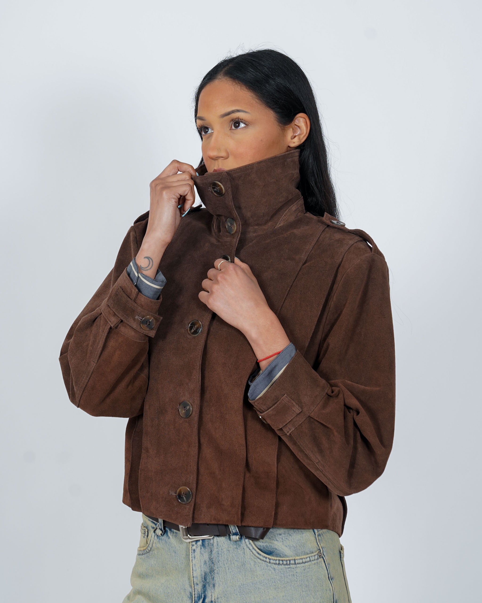 Bomber collo alto drappeggiato in crosta vintage - Granata