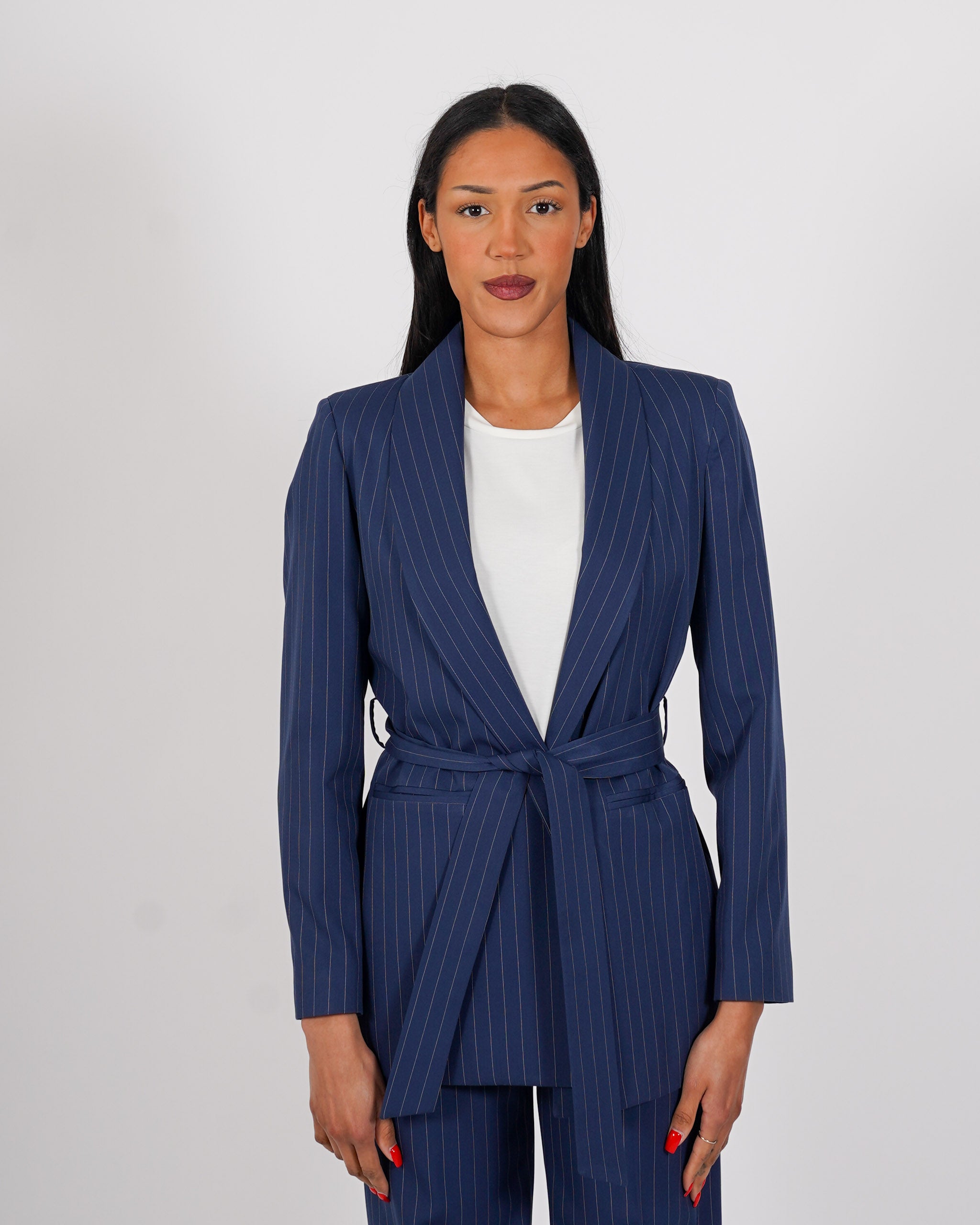 Giacca sciallata gessata con cintura - Biferno