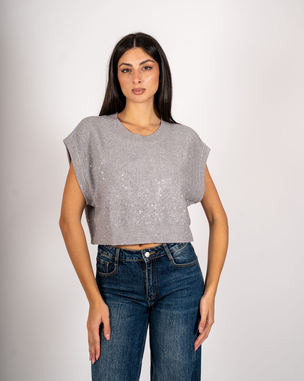 Maglia girocollo cropped full paillettes - Veneta