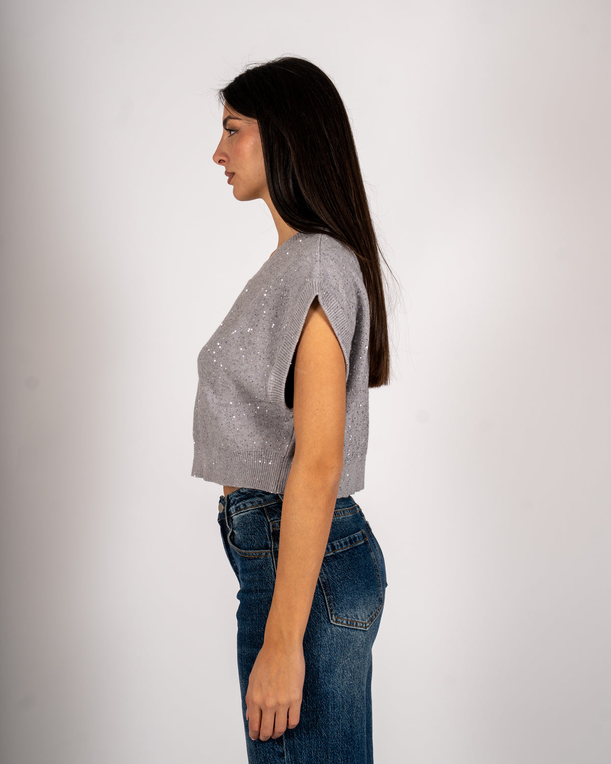 Maglia girocollo cropped full paillettes - Veneta