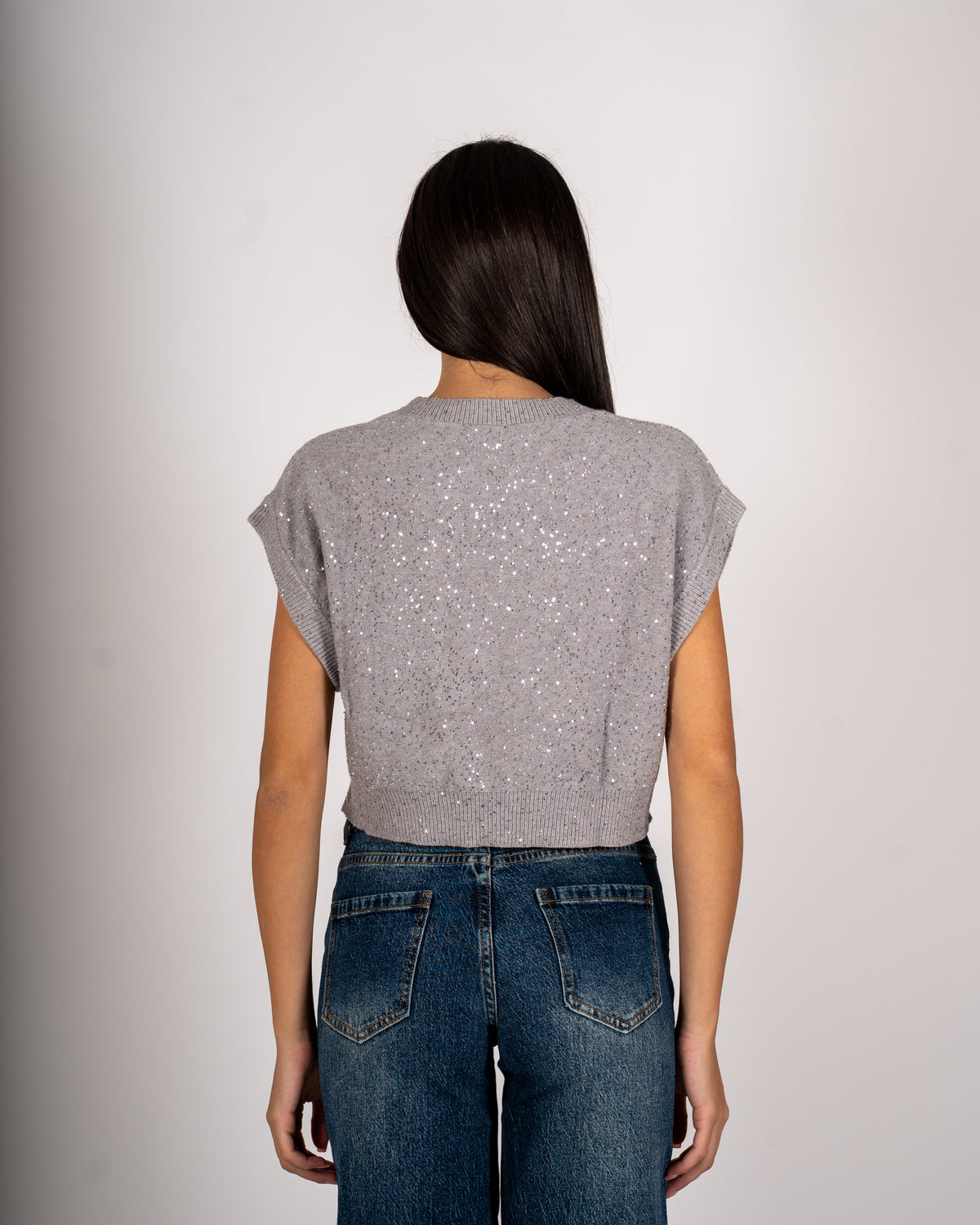 Maglia girocollo cropped full paillettes - Veneta