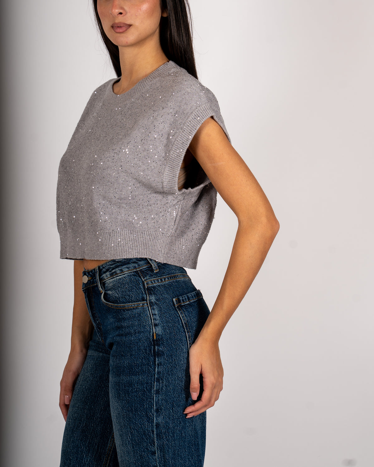Maglia girocollo cropped full paillettes - Veneta