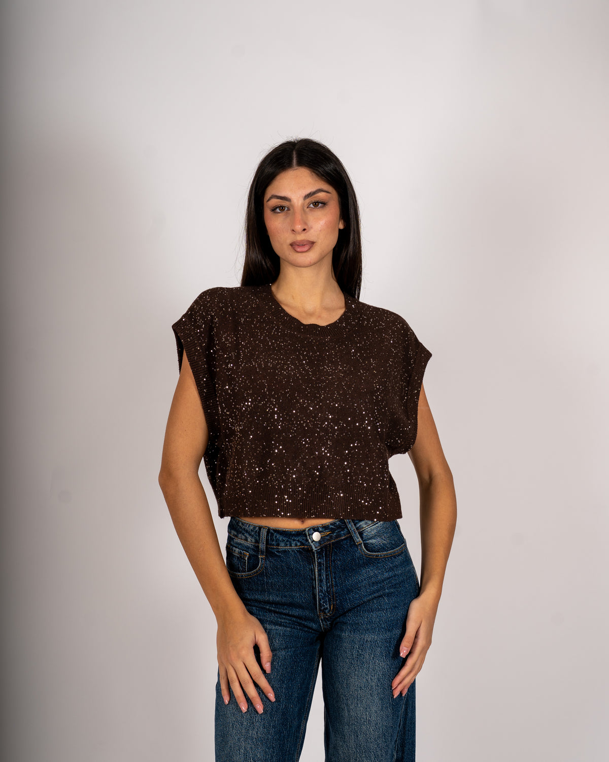 Maglia girocollo cropped full paillettes - Veneta