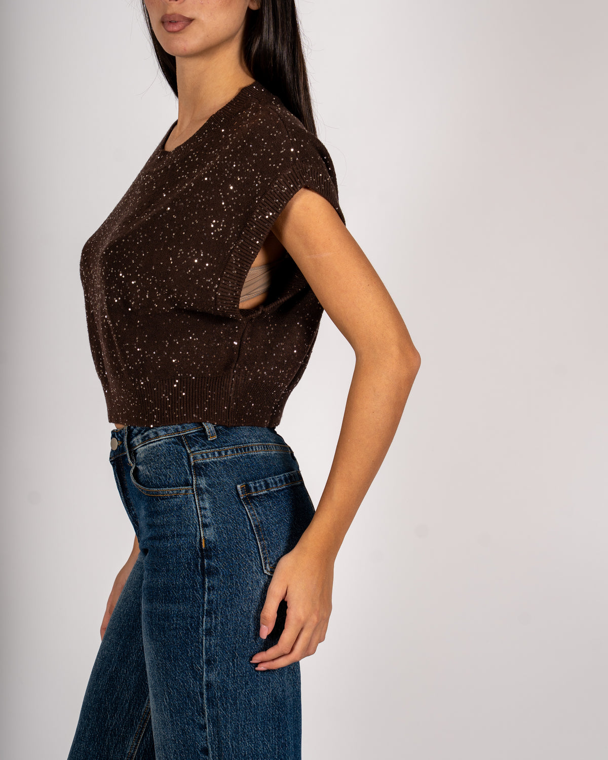 Maglia girocollo cropped full paillettes - Veneta