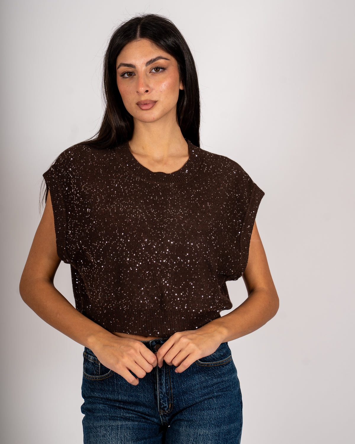 Maglia girocollo cropped full paillettes - Veneta
